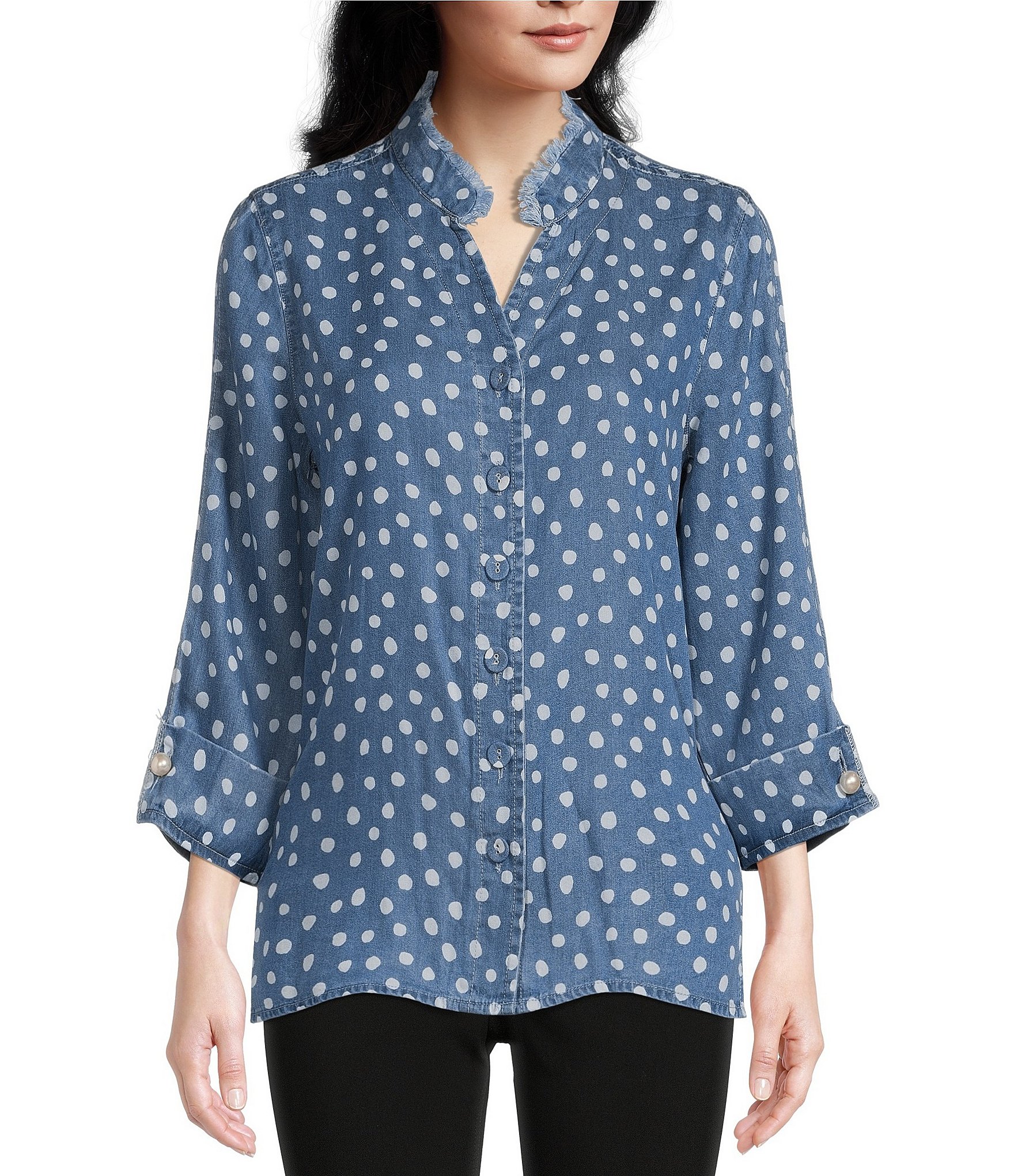 Multiples Petite Size Dot Print Banded Collar 3/4 Sleeve High-Low ...