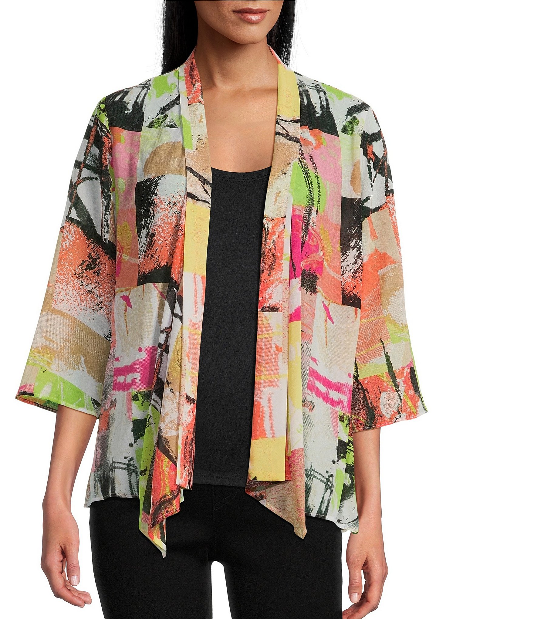 Multiples Petite Size Georgette Printed Folded Band Collar 3/4 Sleeve Open Front Jacket