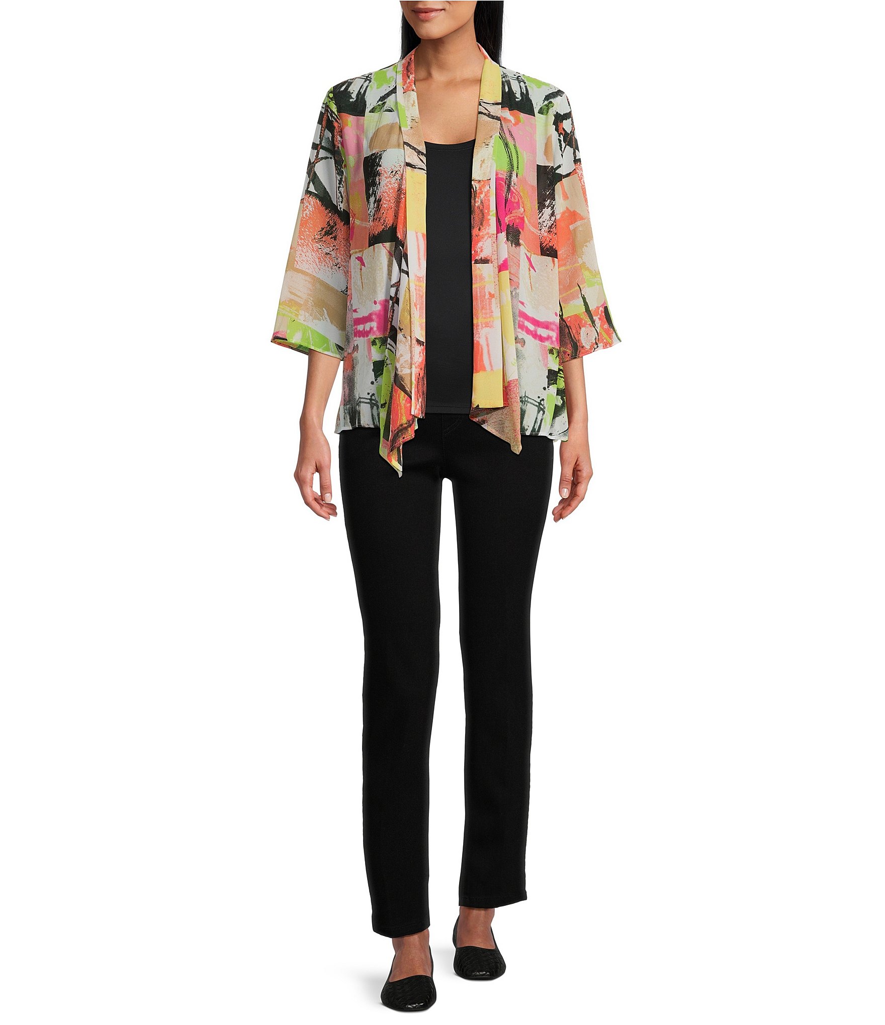 Multiples Petite Size Georgette Printed Folded Band Collar 3/4 Sleeve Open Front Jacket