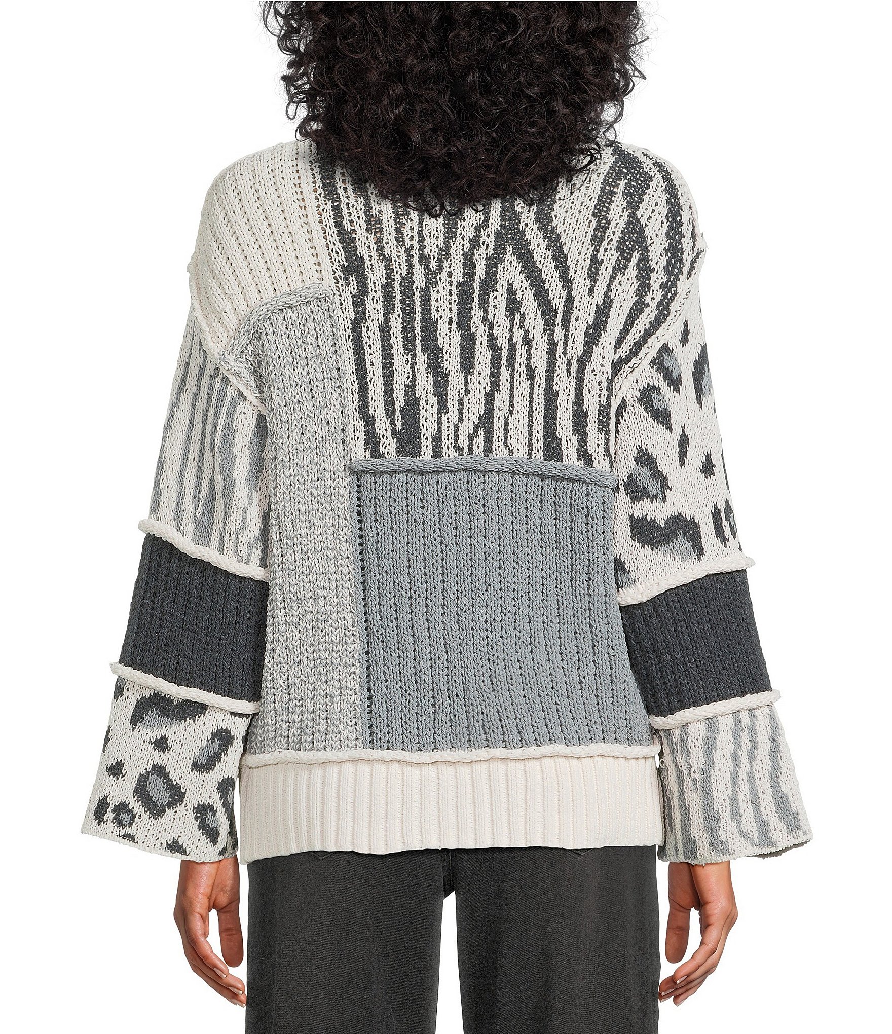 Multiples Petite Size Jacquard Knit Solid Mixed Print Collared 3/4 Sleeve Button-Front Cardigan