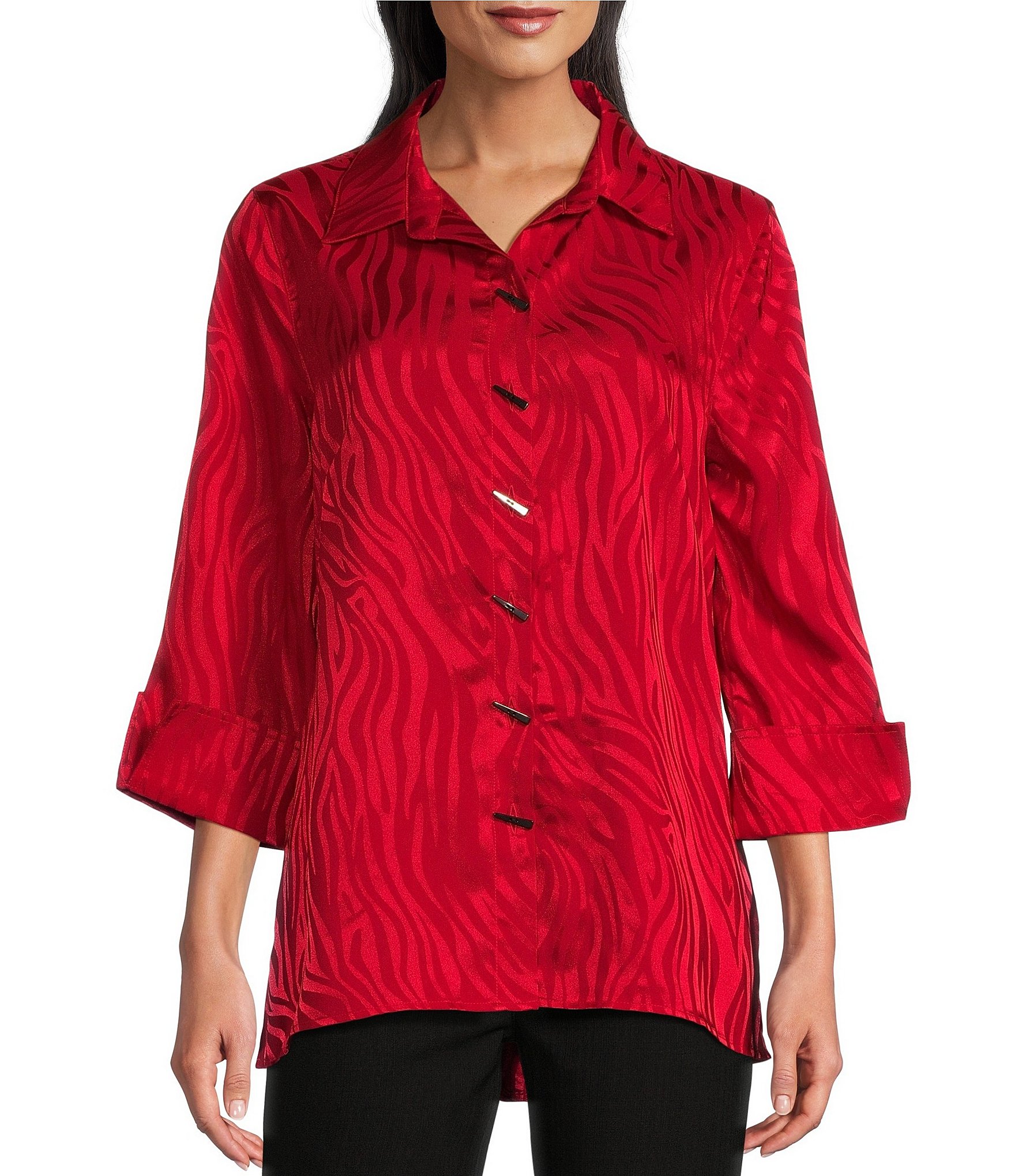 Multiples Petite Size Jacquard Woven Solid Zebra Point Collar 3/4