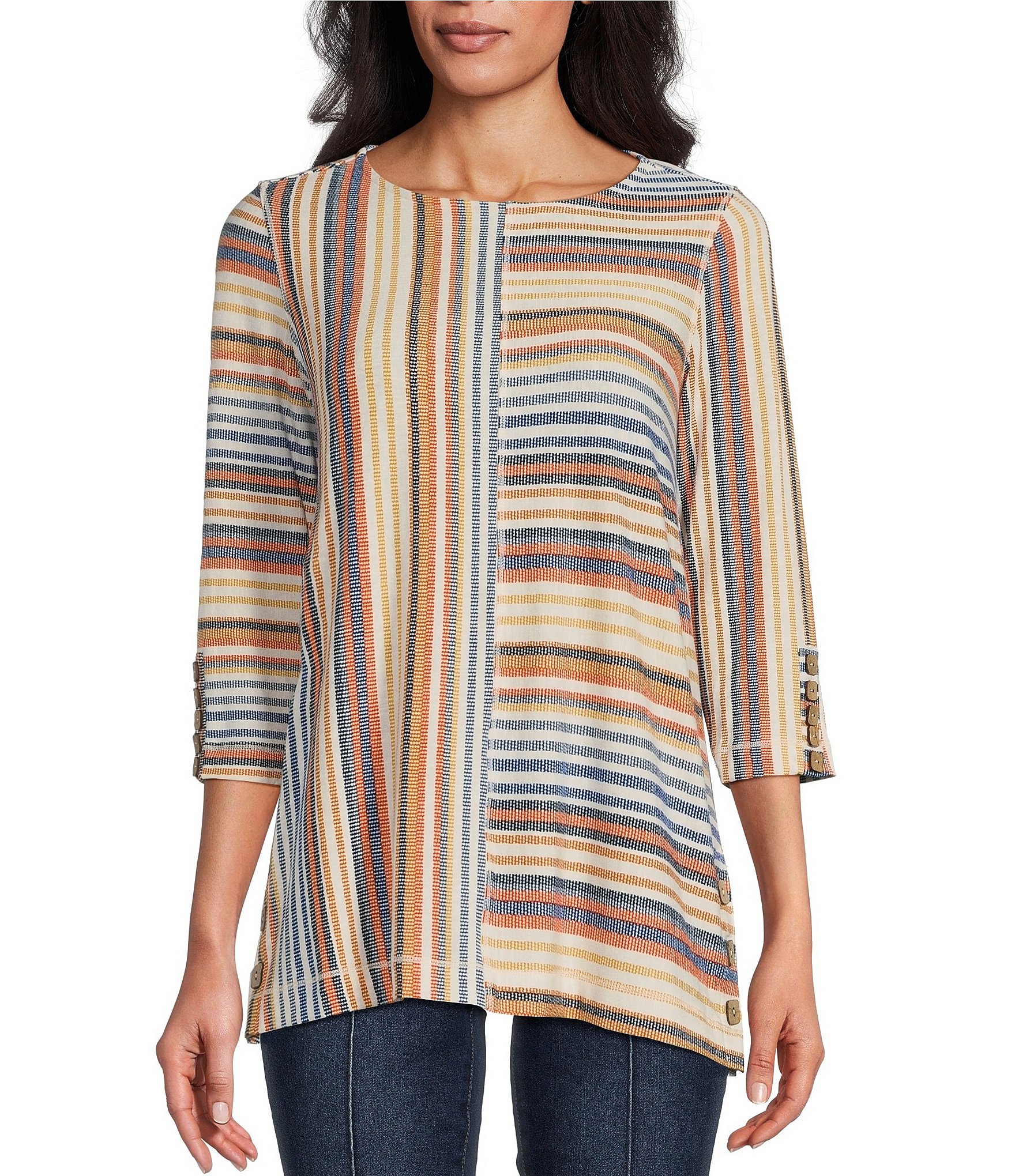 Multiples Petite Size Multi Panel Stripe Print Slub Knit Scoop 3/4 Sleeve Side Decorative Hem Detail Top