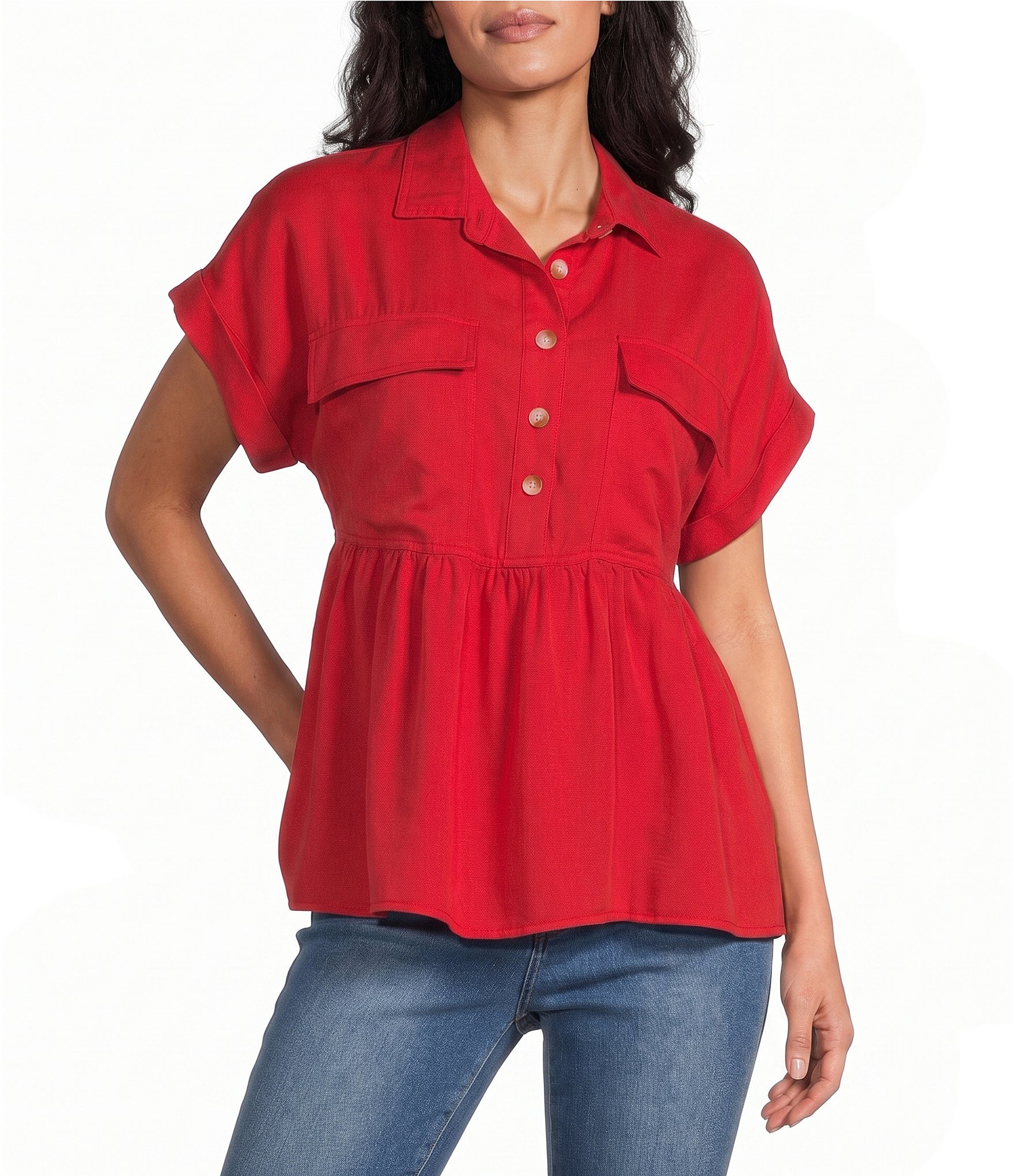 Multiples Petite Size Point Collar Short Dolman Sleeve Peplum Denim Top