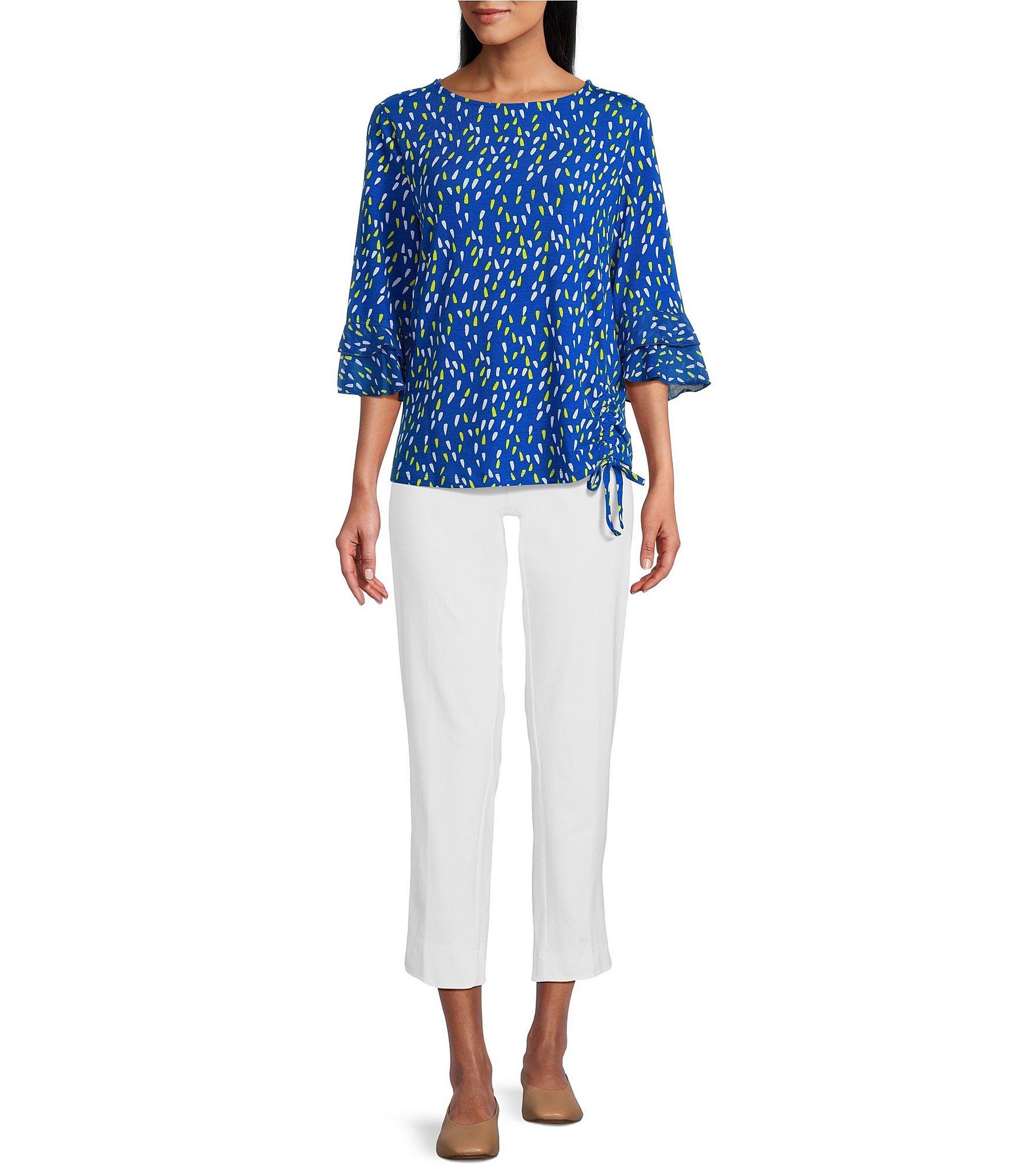 Multiples Petite Size Slub Knit Georgette Dot Print Boat Neck 3/4 Sleeve Fitted Ruched Side Drawstring Top