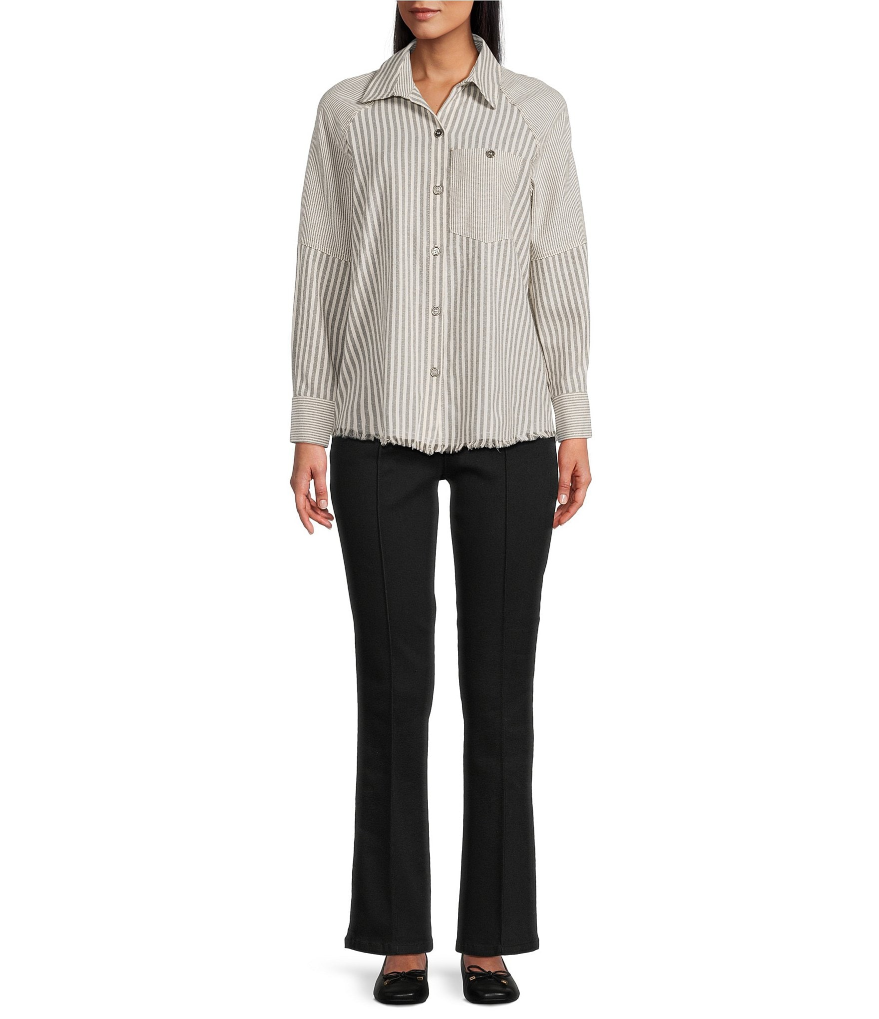 Multiples Petite Size Yarn Dye Woven Stripe Point Collar Long Sleeve Button-Front Flannel Shirt