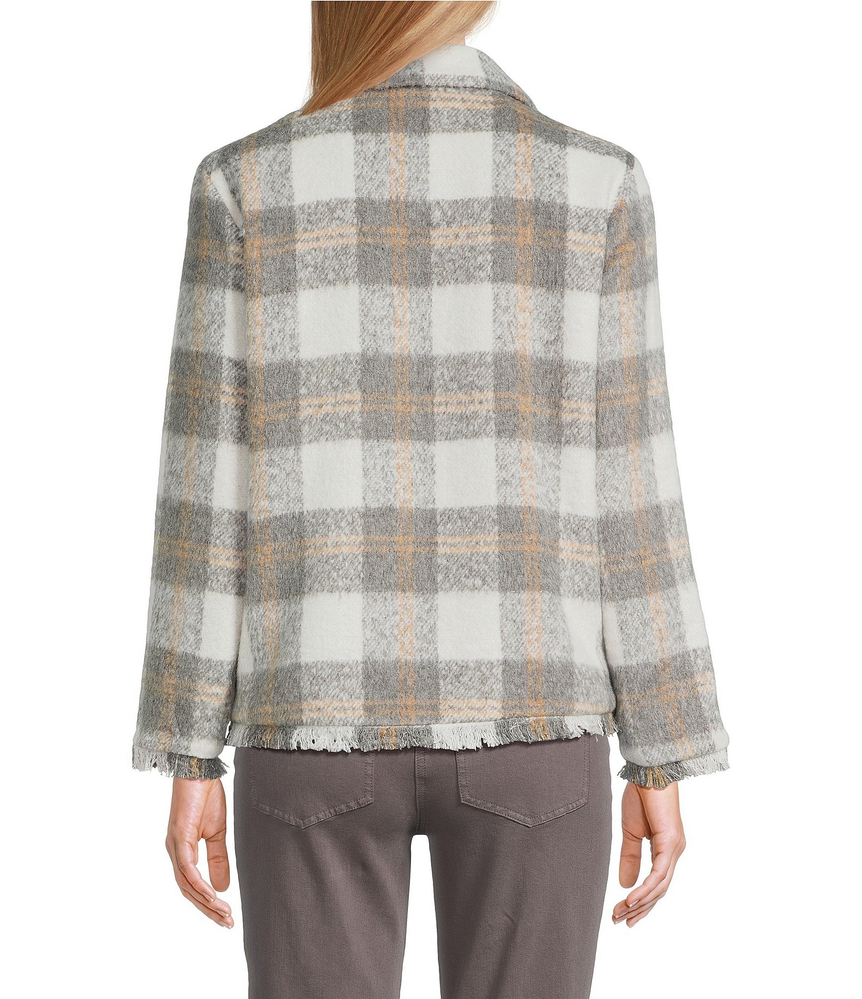 Multiples Plaid Point Collar Long Sleeve Button Front Fringe Jacket