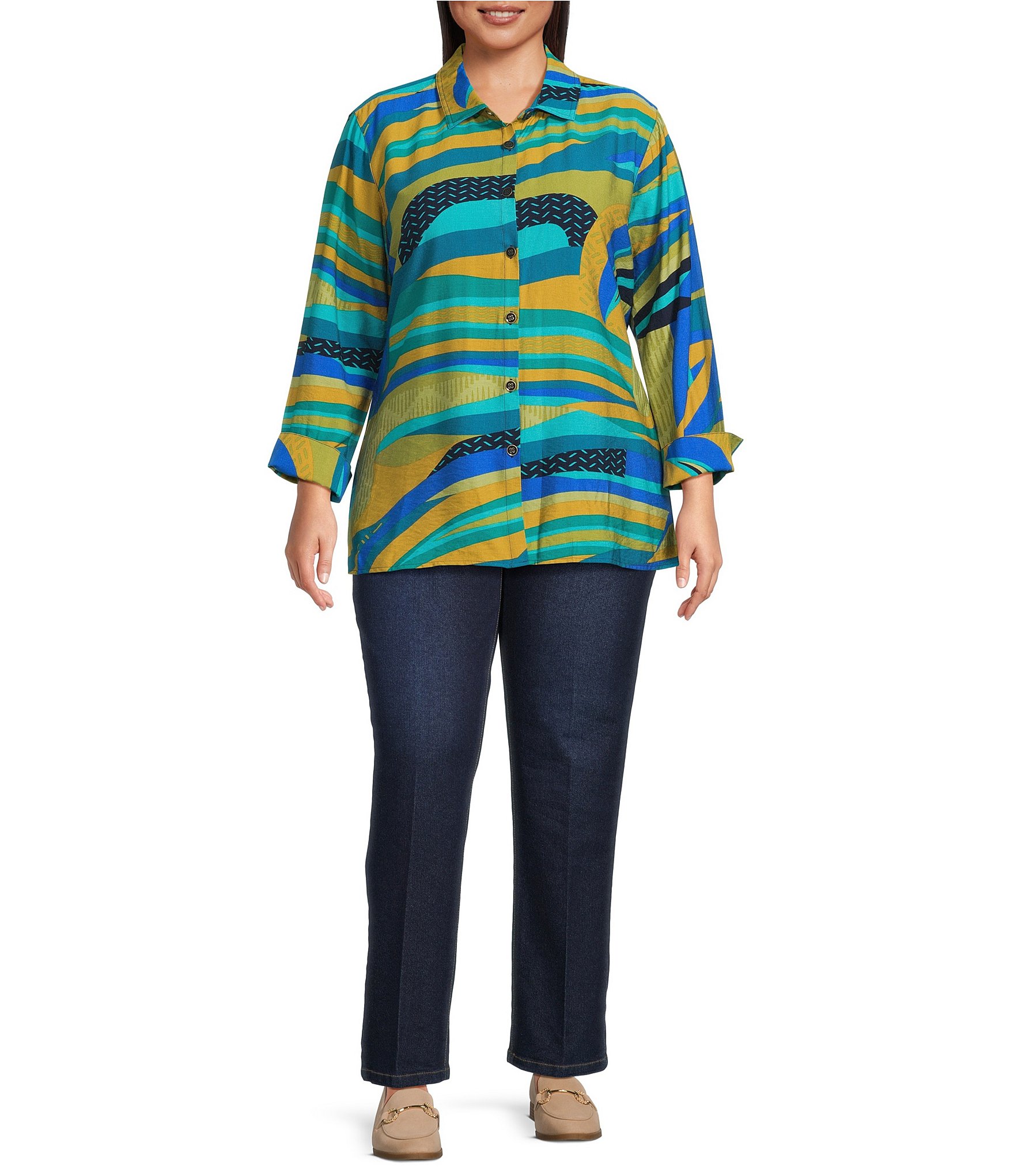 Multiples Plus Size Abstract Point Collar 3/4 Turn-Up Cuff Sleeve Button Front Shirt