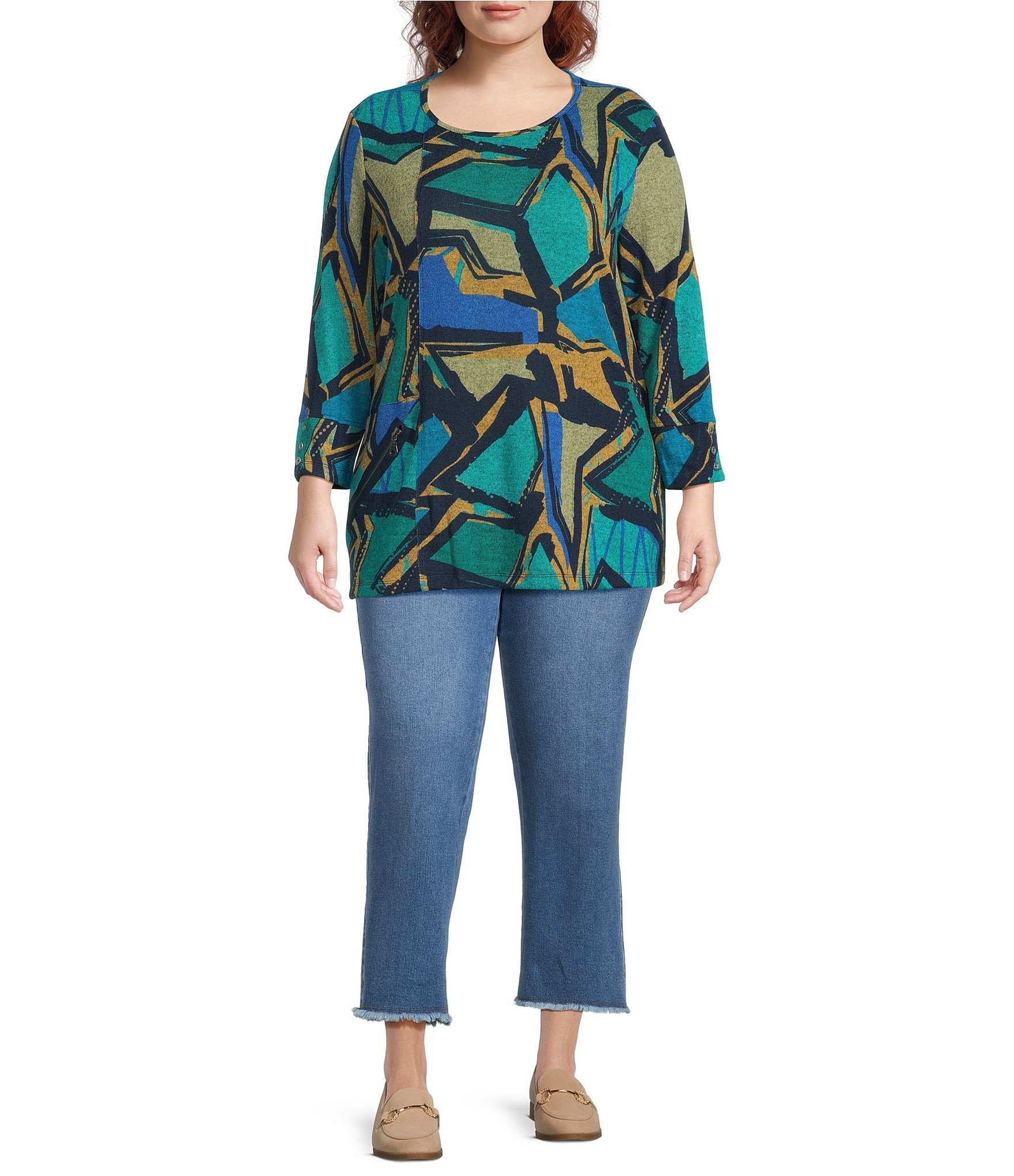 Multiples Plus Size Abstract Print Scoop Neck 3/4 Sleeve Top
