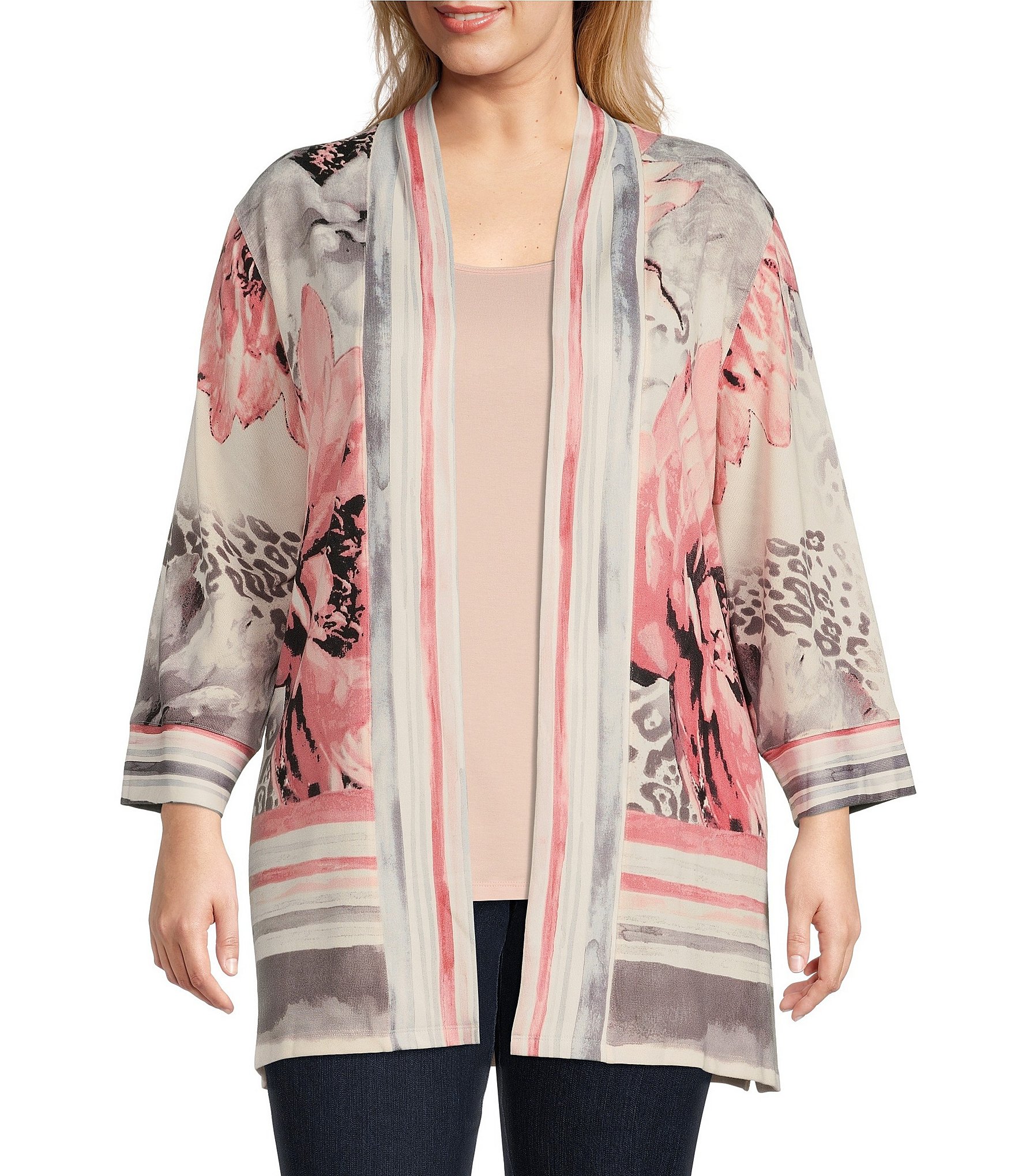 Multiples Plus Size Floral Border Print Hacci Knit 3/4 Kimono Sleeve Side  Slit Open Front Jacket | Dillard's