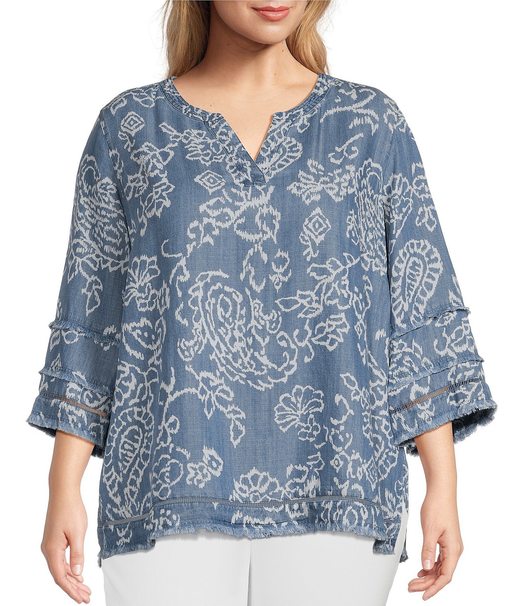 John Mark Plus Size Floral Paisley Print Split V Neck 3 4 Sleeve Hi Low