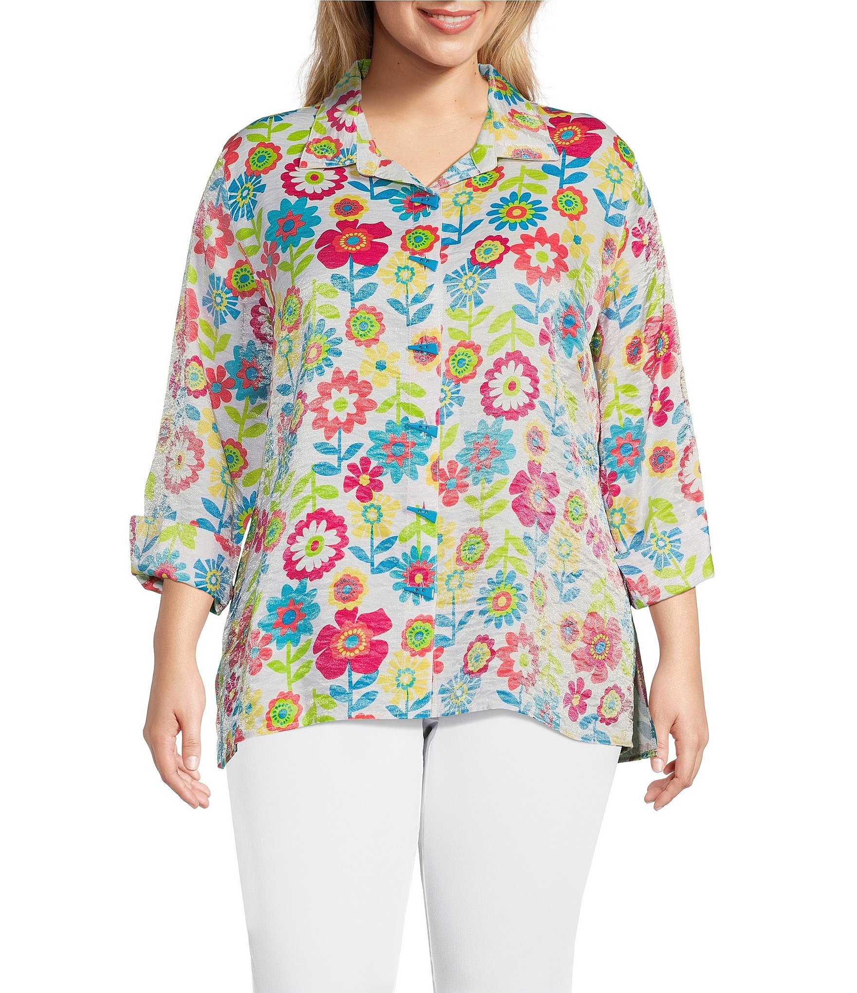 Multiples Plus Size Floral Print Shimmer Woven Turn Up Cuff 3/4 Sleeve ...