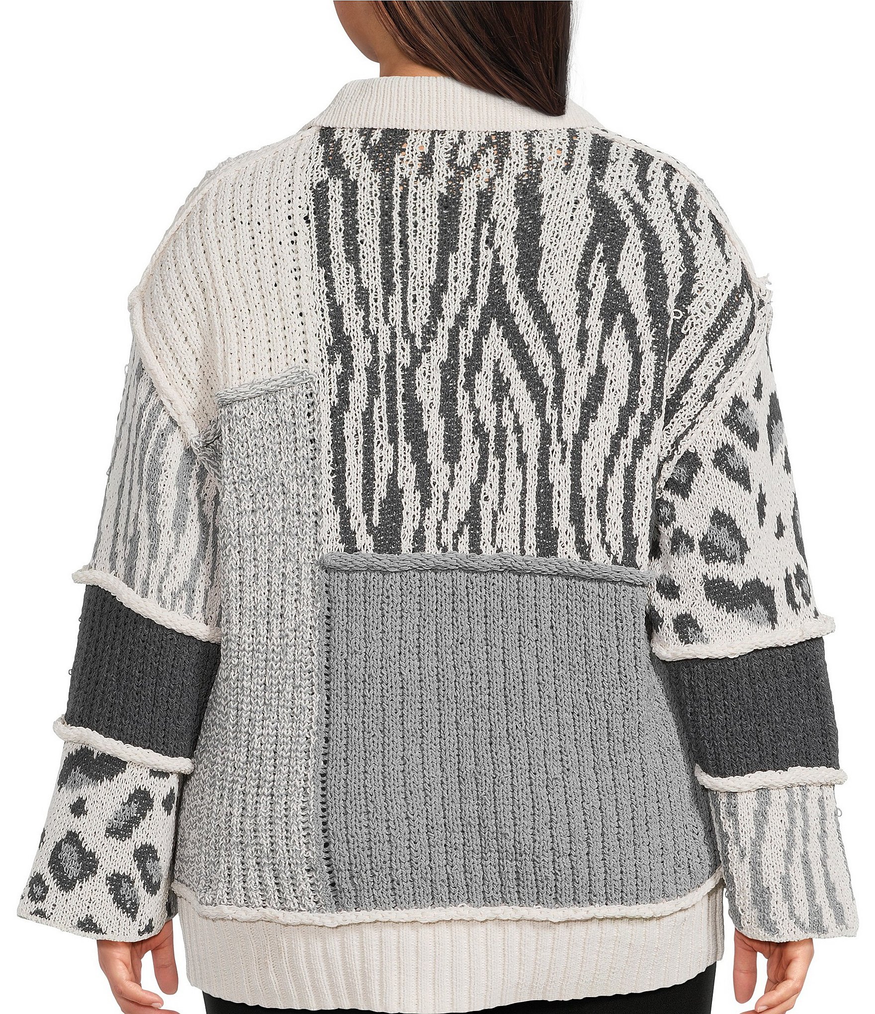 Multiples Plus Size Jacquard Knit Solid Mixed Animal Print Collared 3/4 Sleeve Button Front Cardigan