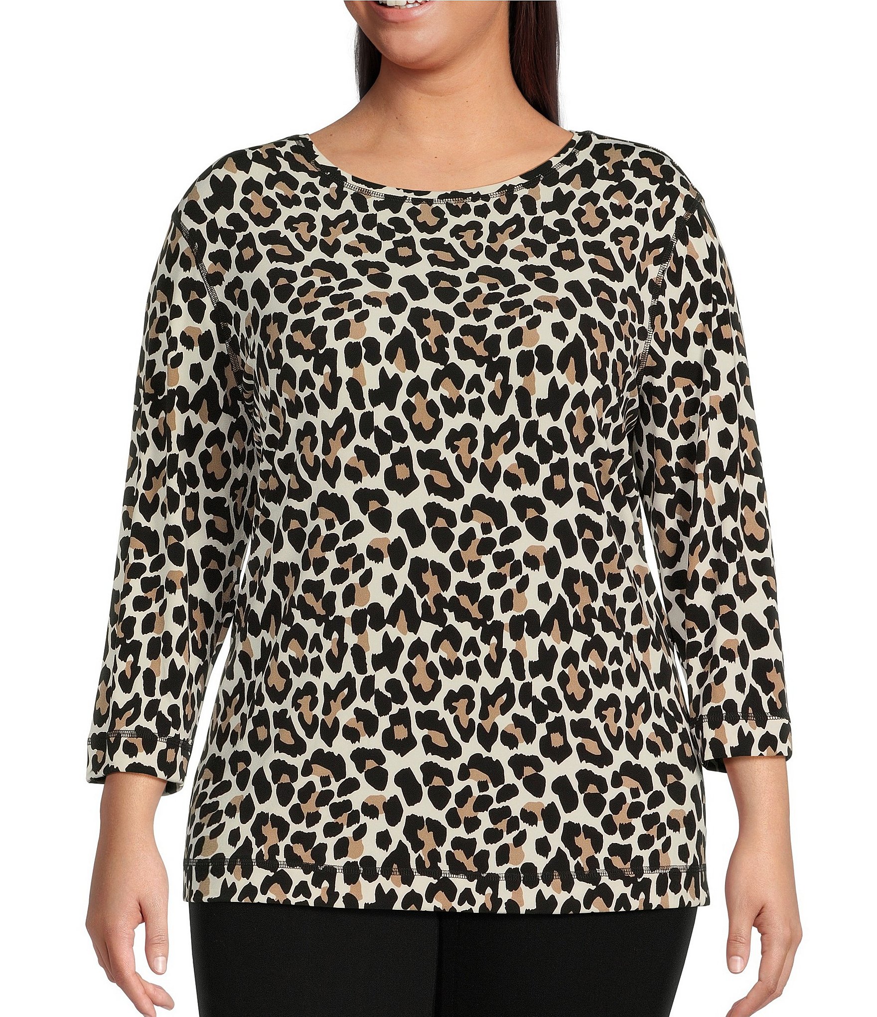Women Plus Size Graphic Letter and Leopard Print Round Neck Long-sleeve Tee