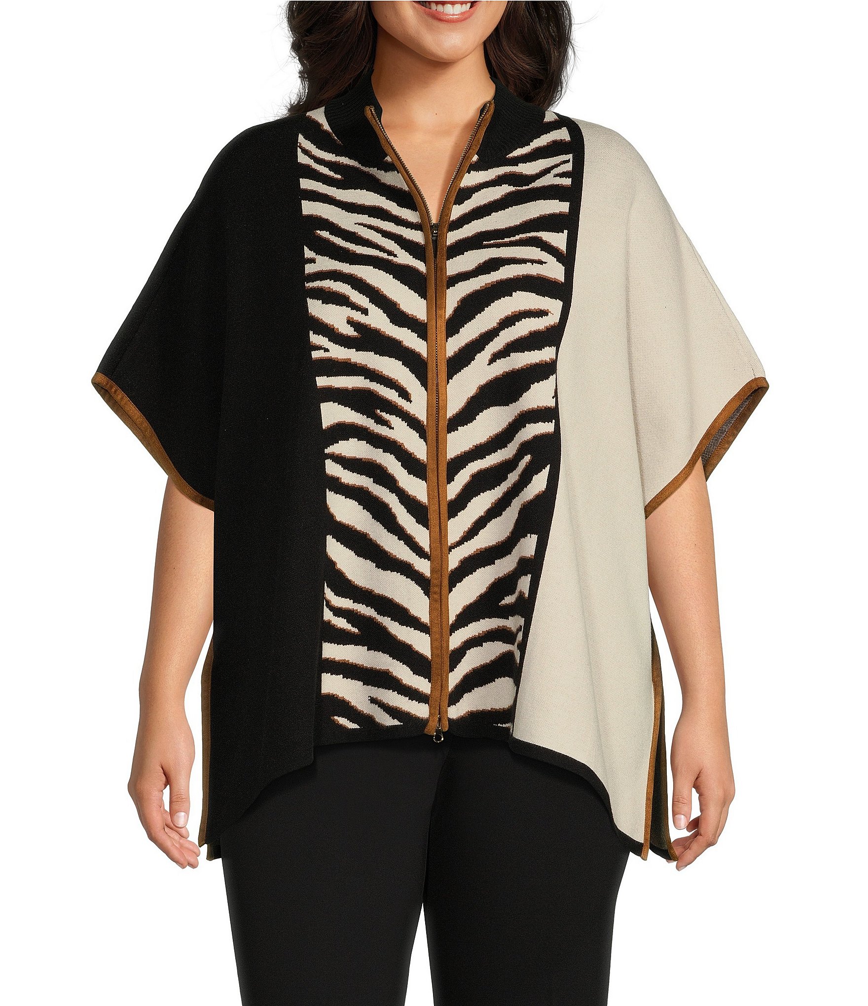 Multiples Plus Size Zebra Print Color Block Mock Neck Elbow Dolman ...