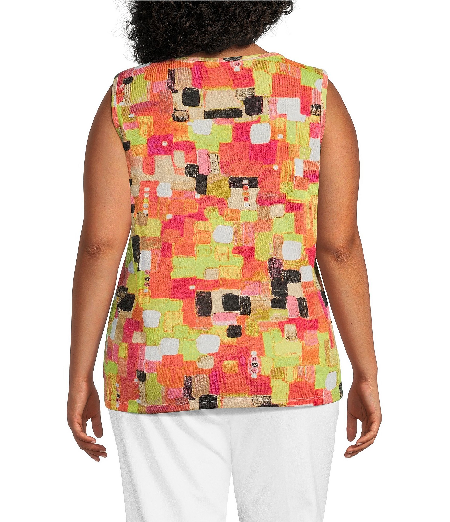Multiples Plus Size Knit Square Multi Long Sleeve Open-Front Matching Tank Top Set