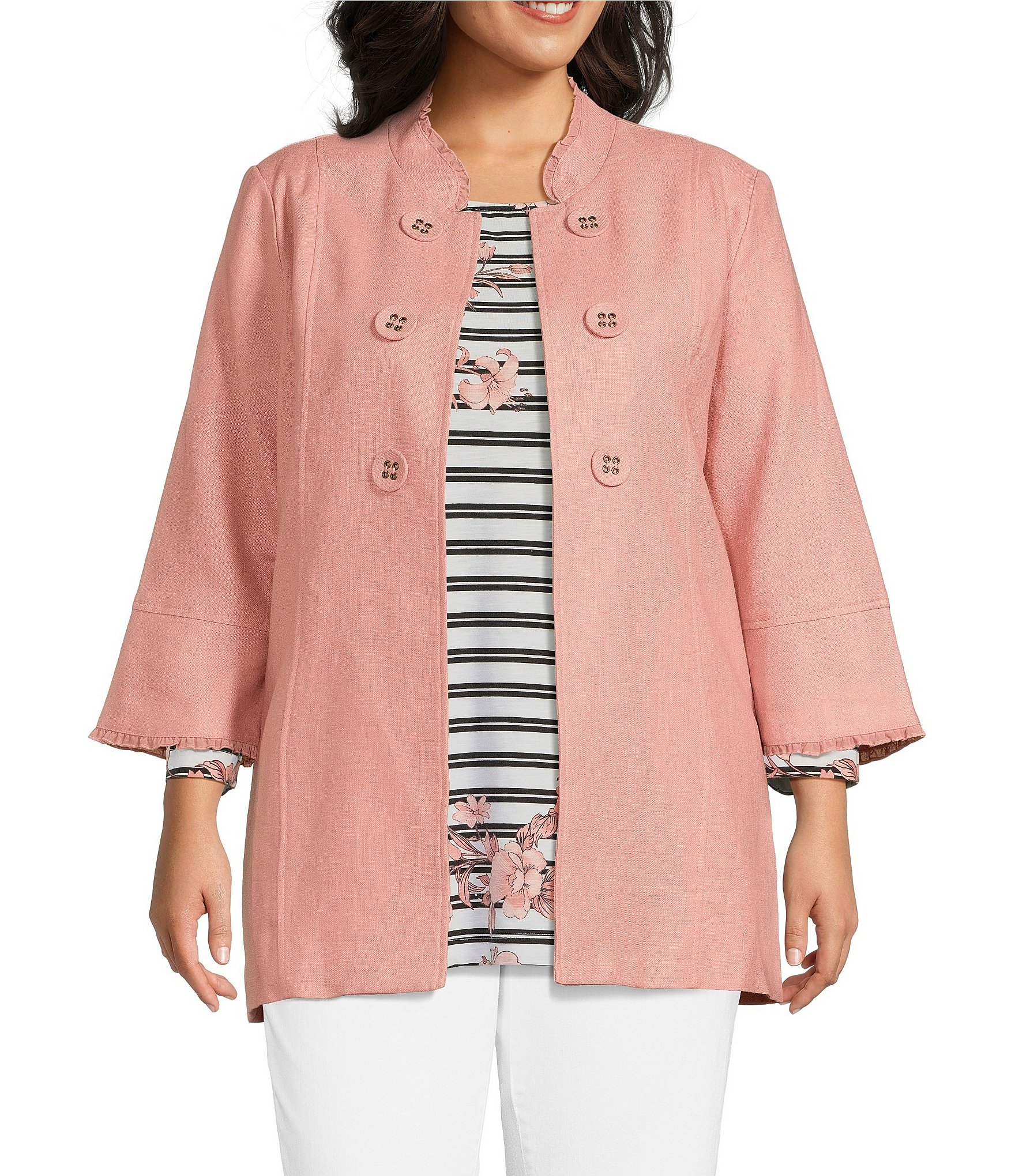 Multiples Plus Size Linen-Blend Stand Collar 3/4 Flounce Multiples Plus Size Linen-Blend Stand Collar 3/4 Flounce