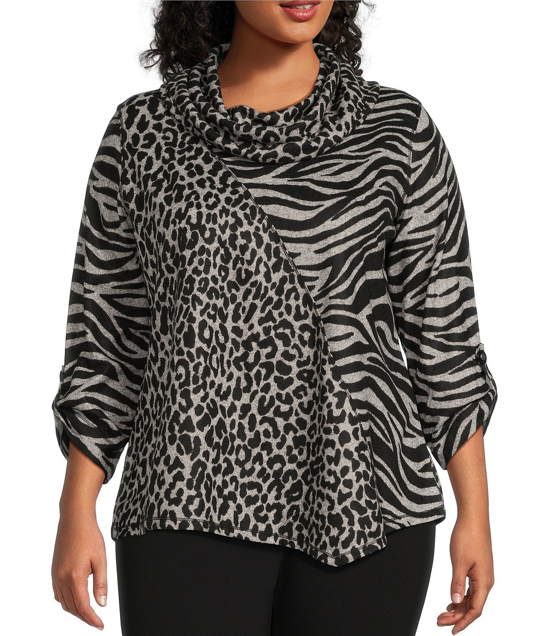 Multiples Plus Size Mixed Animal Print Hacci Knit Cowl Neck 3/4 Roll ...