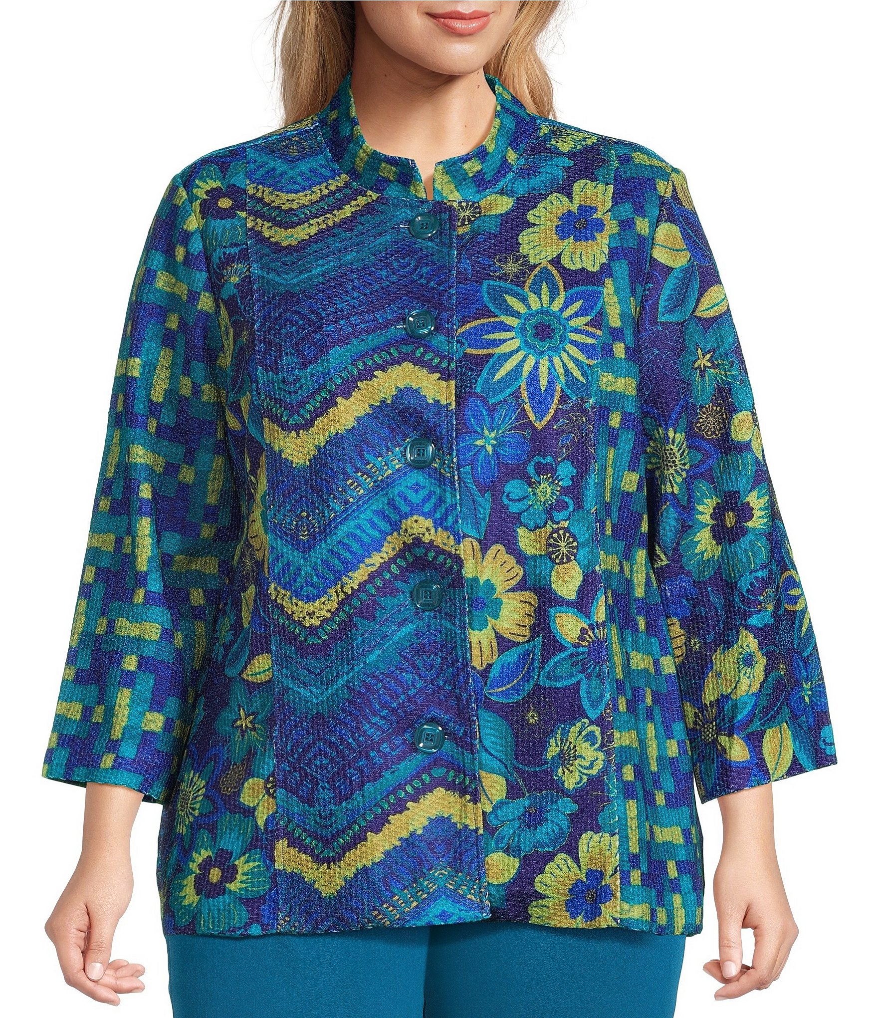 Multiples Plus Size Multi Print Stand Collar 3/4 Sleeve Button Front Jacket