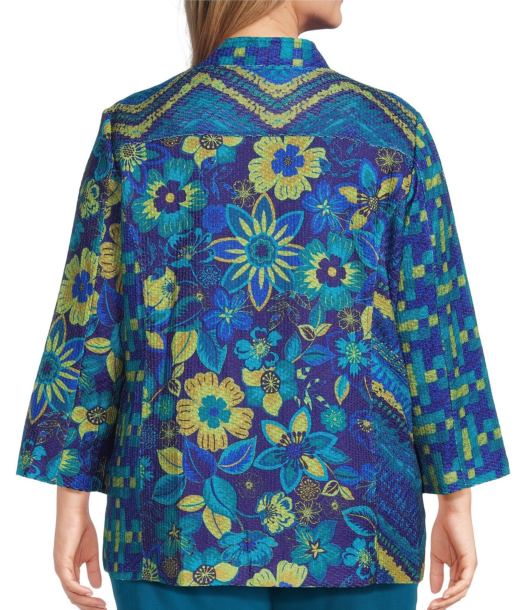 Multiples Plus Size Multi Print Stand Collar 3/4 Sleeve Button Front Jacket