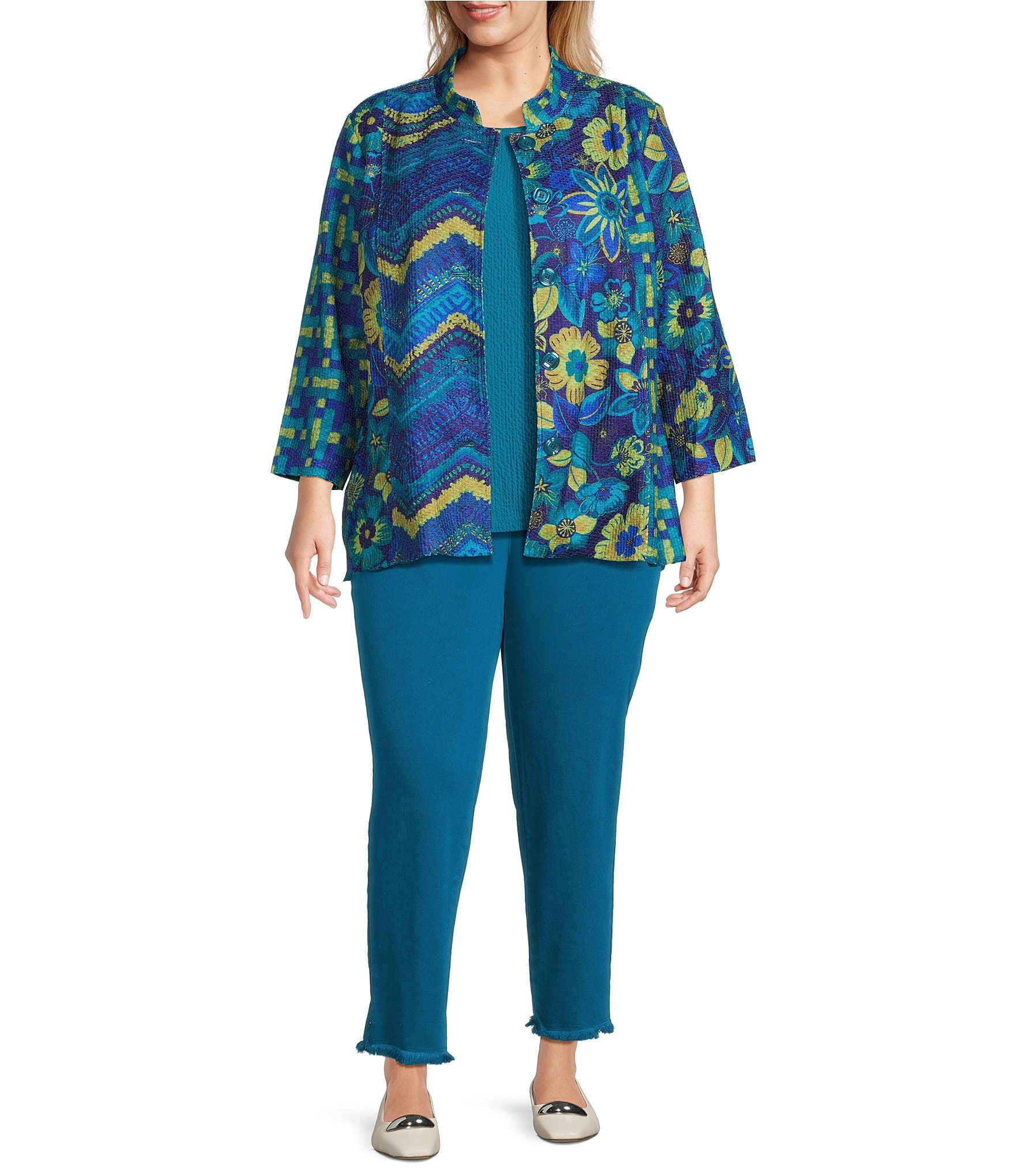 Multiples Plus Size Multi Print Stand Collar 3/4 Sleeve Button Front Jacket