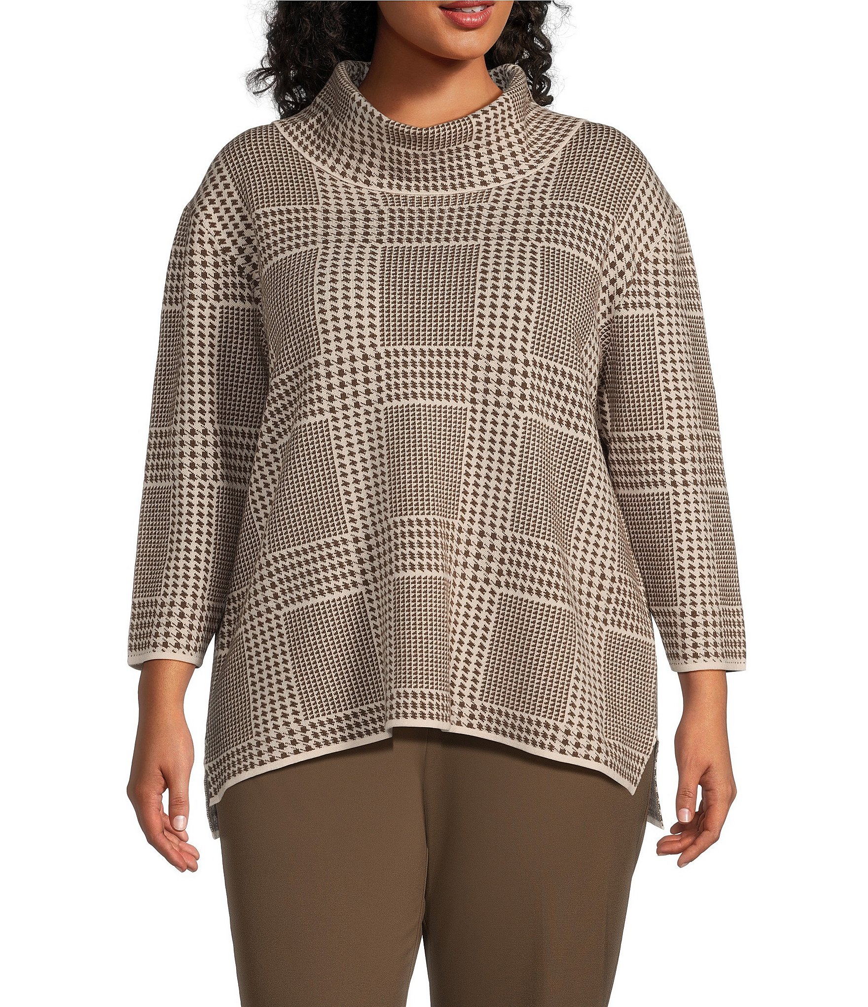 Multiples Plus Size Plaid Cowl Neck Long Sleeve Fitted Sweater Knit Top Dillard s