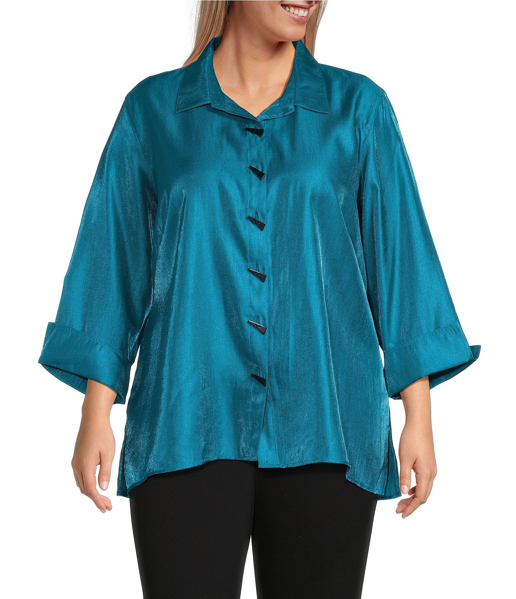 Multiples Plus Size Crinkled Woven Wire Collar 3/4 Sleeve Button Front Shirt