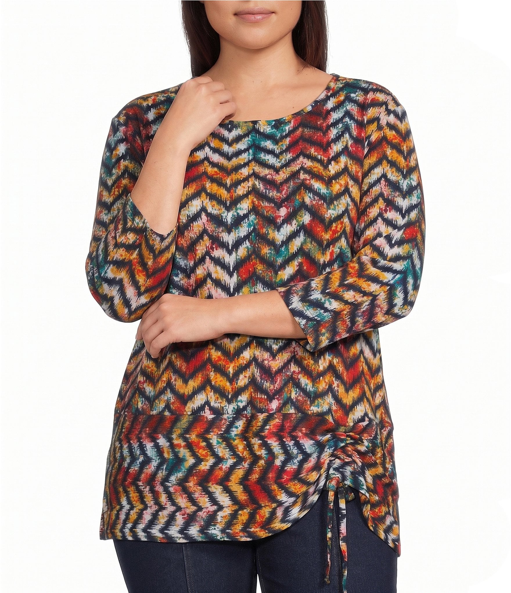 Multiples Plus Size Slub Knit Chevron Multi Print Scoop Neck 3/4 Sleeve Top