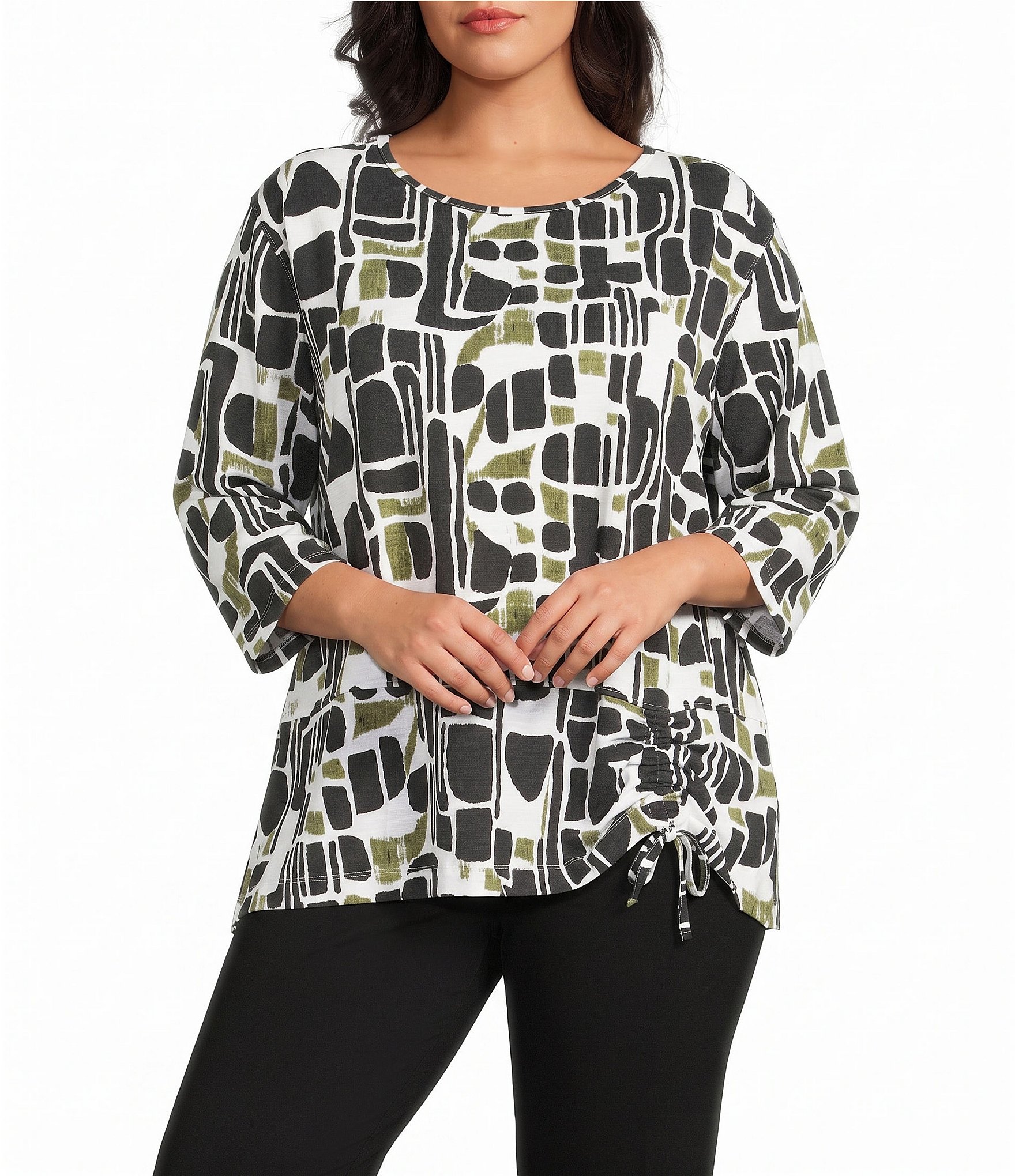 Multiples Plus Size Slub Knit Geo Multi Print Scoop Neck 3/4 Sleeve Top