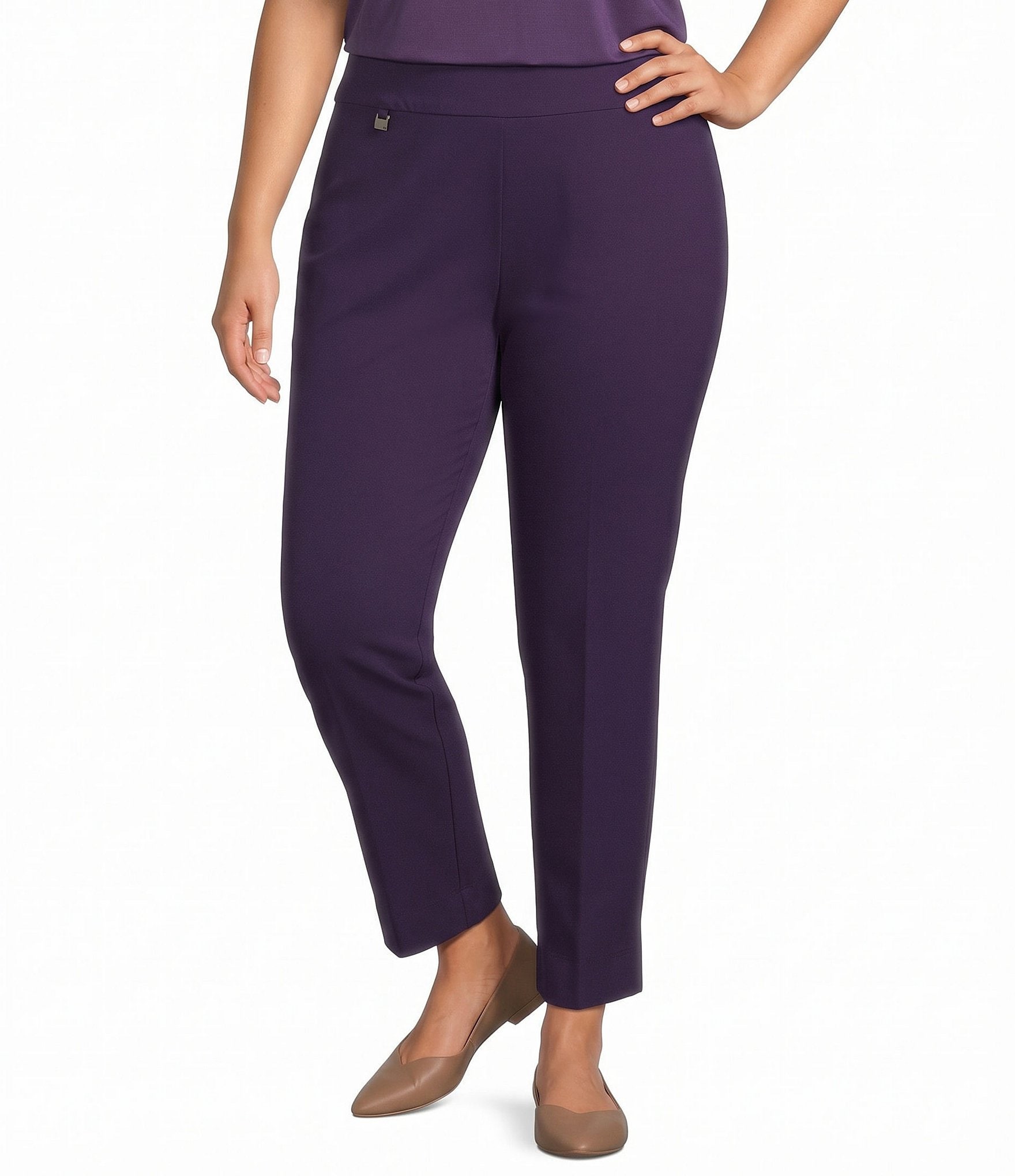 Slimsation® by Multiples Plus Size Solid Ease-Y-Fit Knit Pull-On Ankle Pants