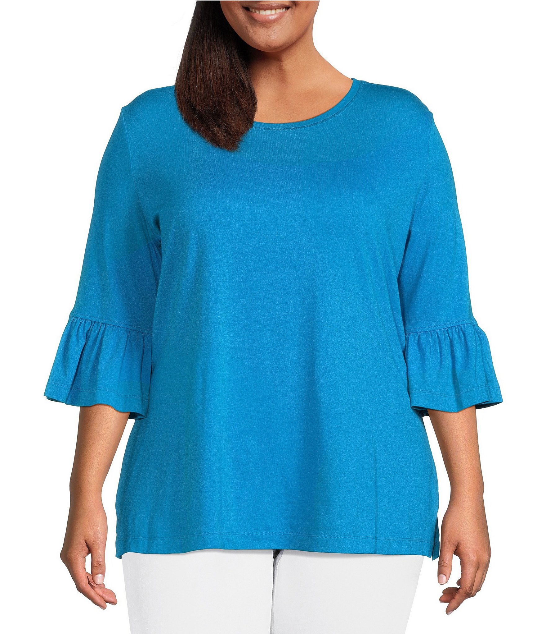 Multiples Plus Size Solid Knit Wide Neck 3/4 Bell Sleeve Top | Dillard's