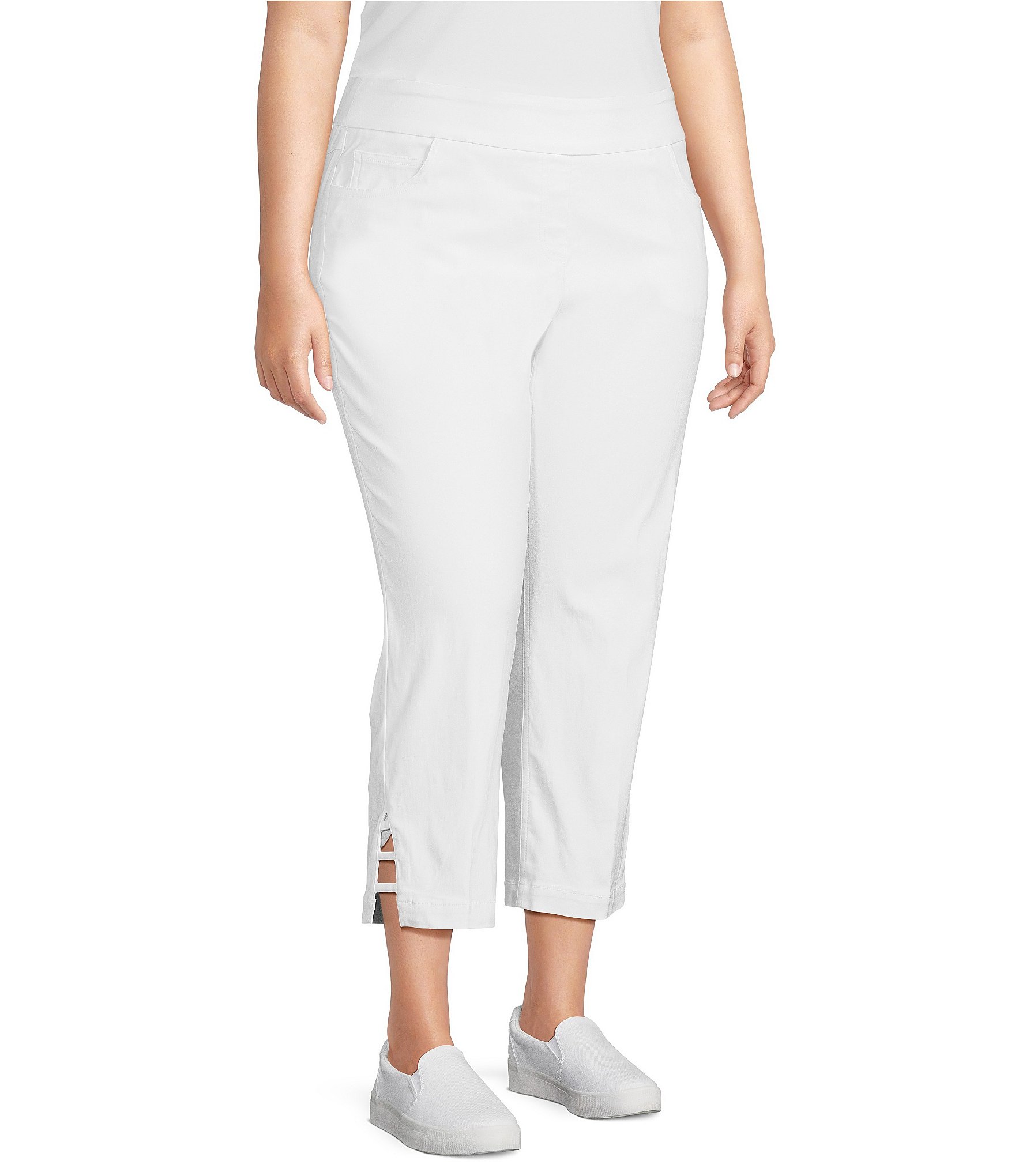 Multiples Plus Size Solid Straight Ladder Hem Pull-On Twill Crop Pants
