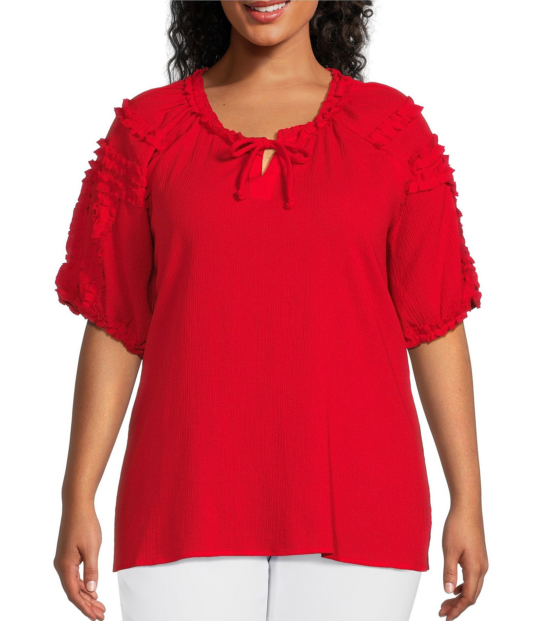 Multiples Plus Size Tie Split Round Neck Short Raglan Sleeve Crinkled ...