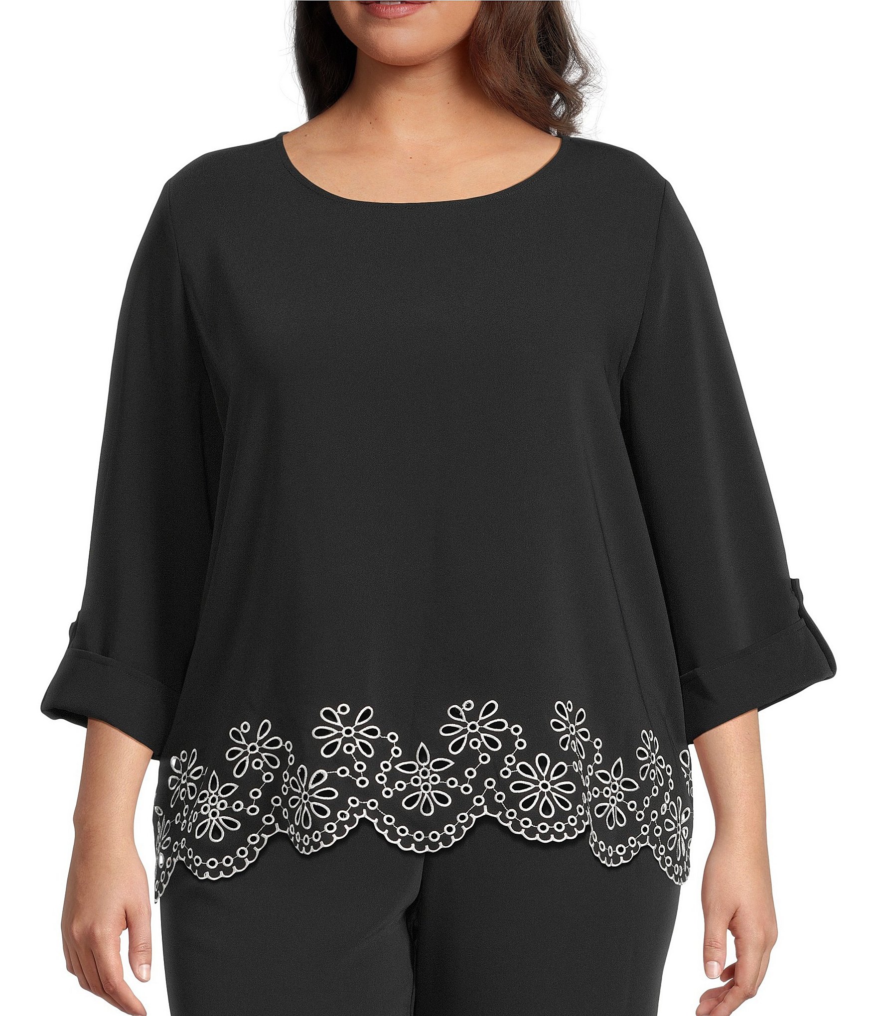 Multiples Plus Size Woven Boat Neck Long Roll-Tab Sleeve Embroidered Coordinating Scalloped Hem Top