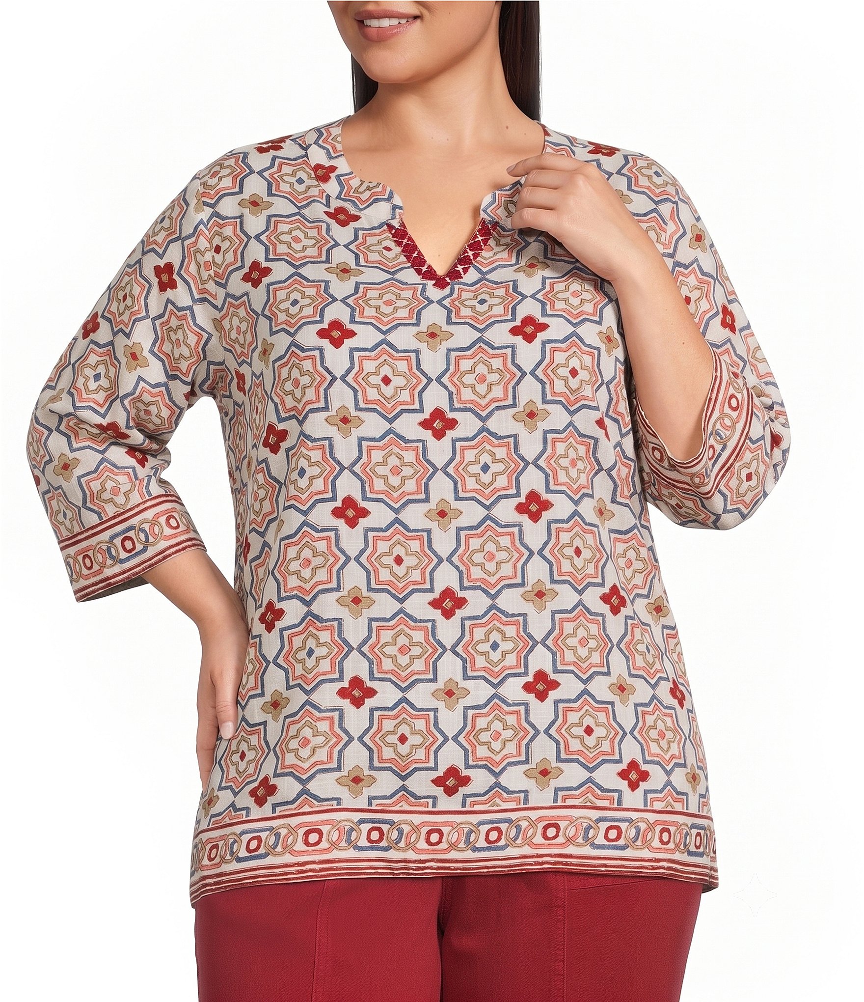 Multiples Plus Size Woven Print Embroidered V-Round Neck 3 /4 Sleeve Top