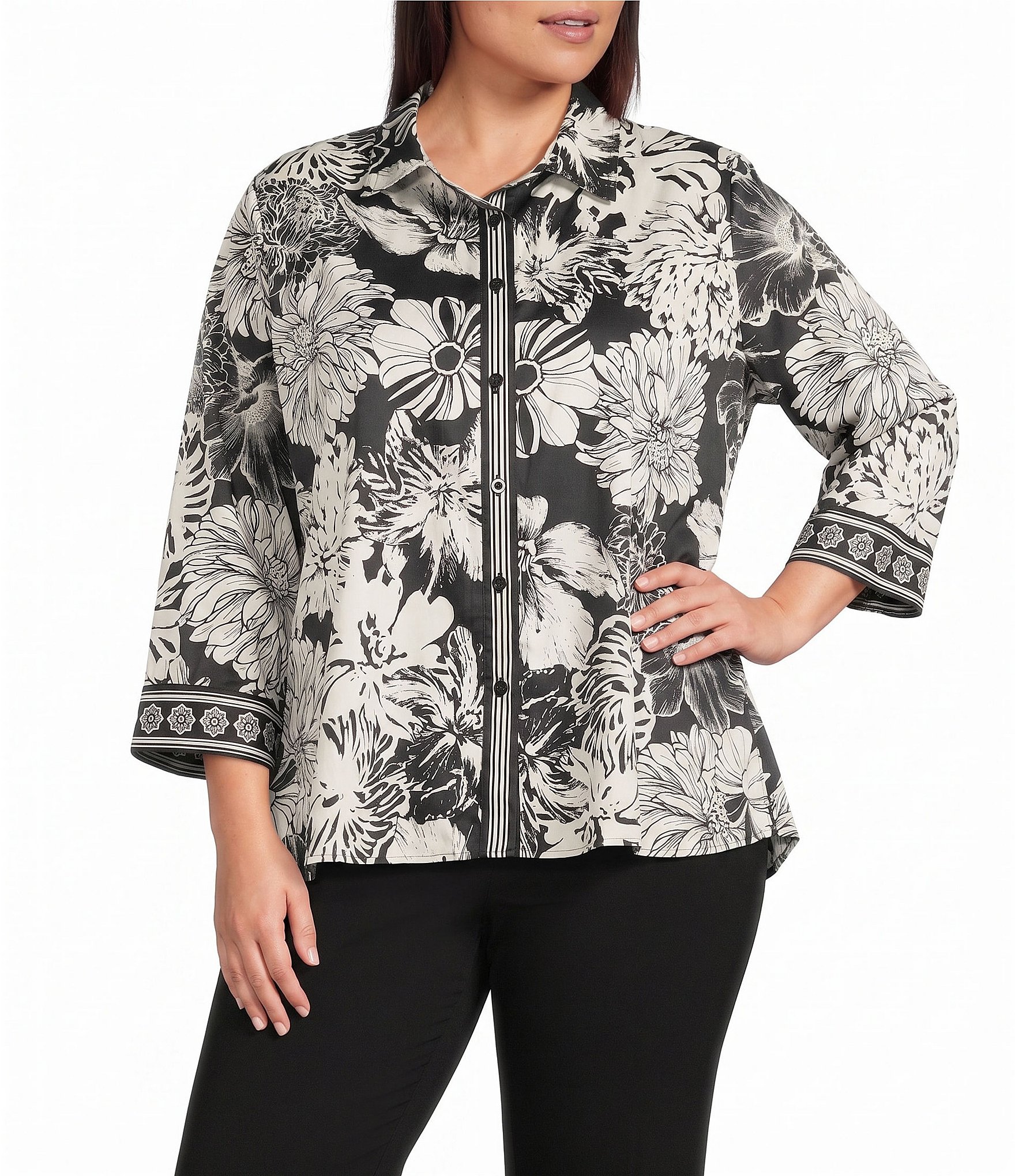 Multiples Plus Size Woven Sateen Floral Point Collar 3/4 Banded Sleeve Button Front Shirt