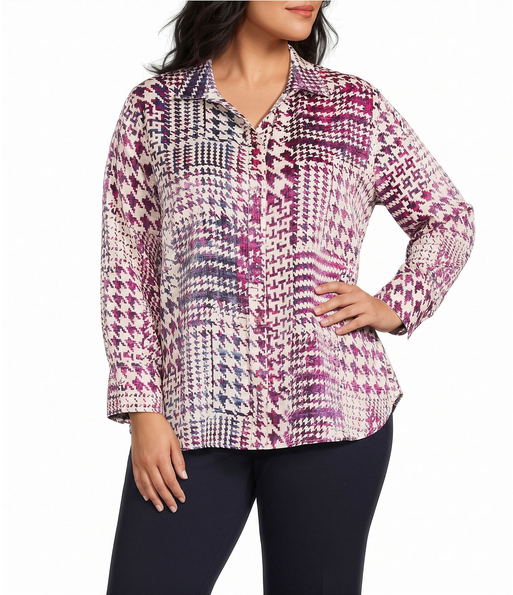Multiples Plus Size Woven Shimmer Printed Collared Y-Neck 3/4 Sleeve Button Front Shirt