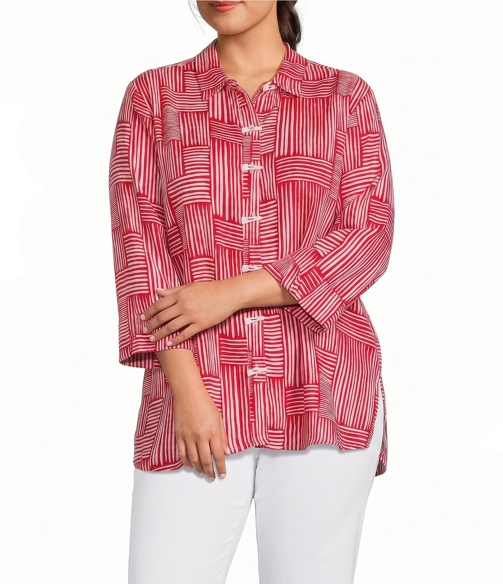 Multiples Plus Size Woven Stripe Point Collar 3/4 Turn Up Cuff Sleeve Button Front Shirt