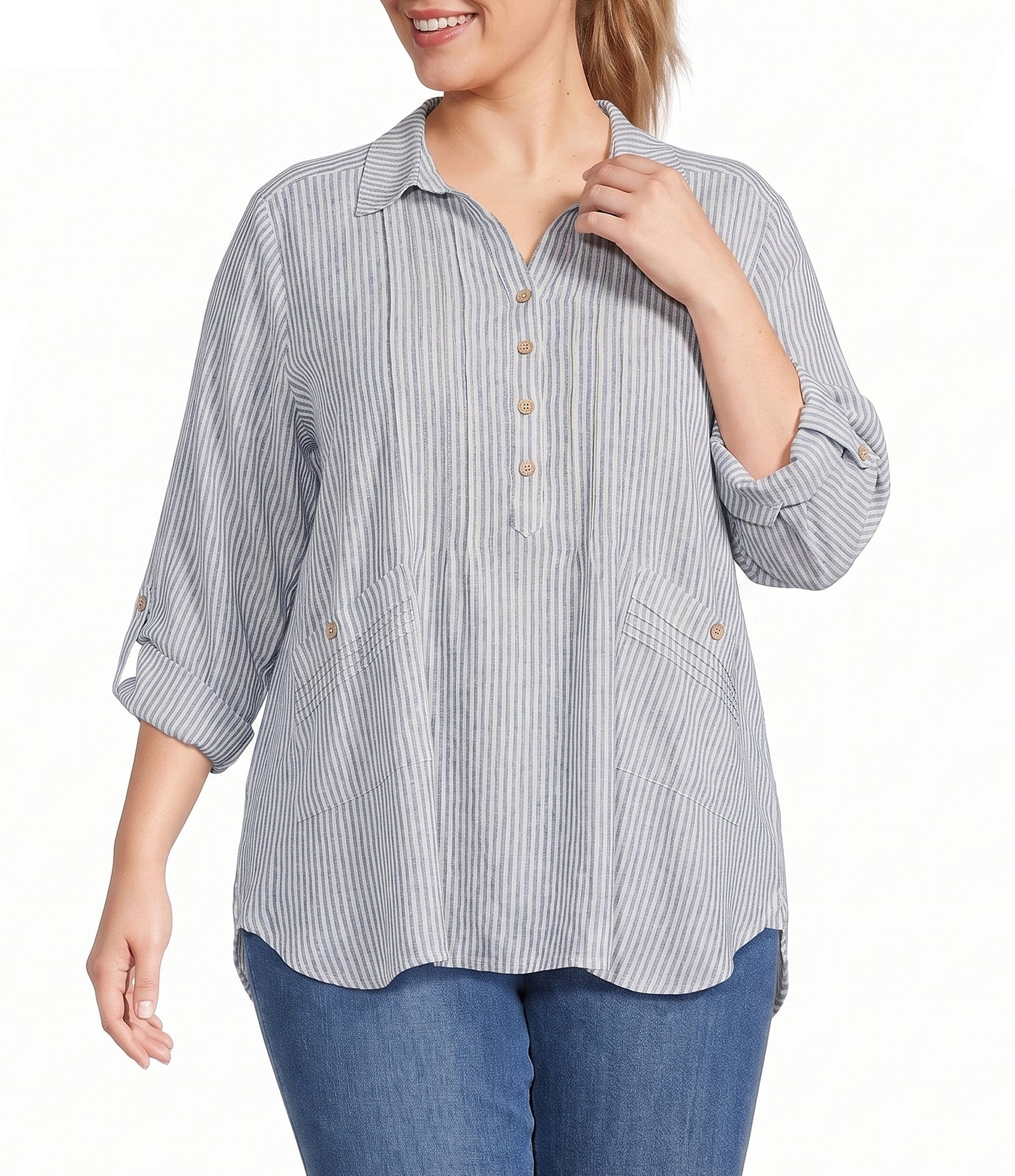 Multiples Plus Size Woven Yarn Dyed Stripe Point Collar 3/4 Roll-Tab Sleeve Pintuck Button-Front Shirt