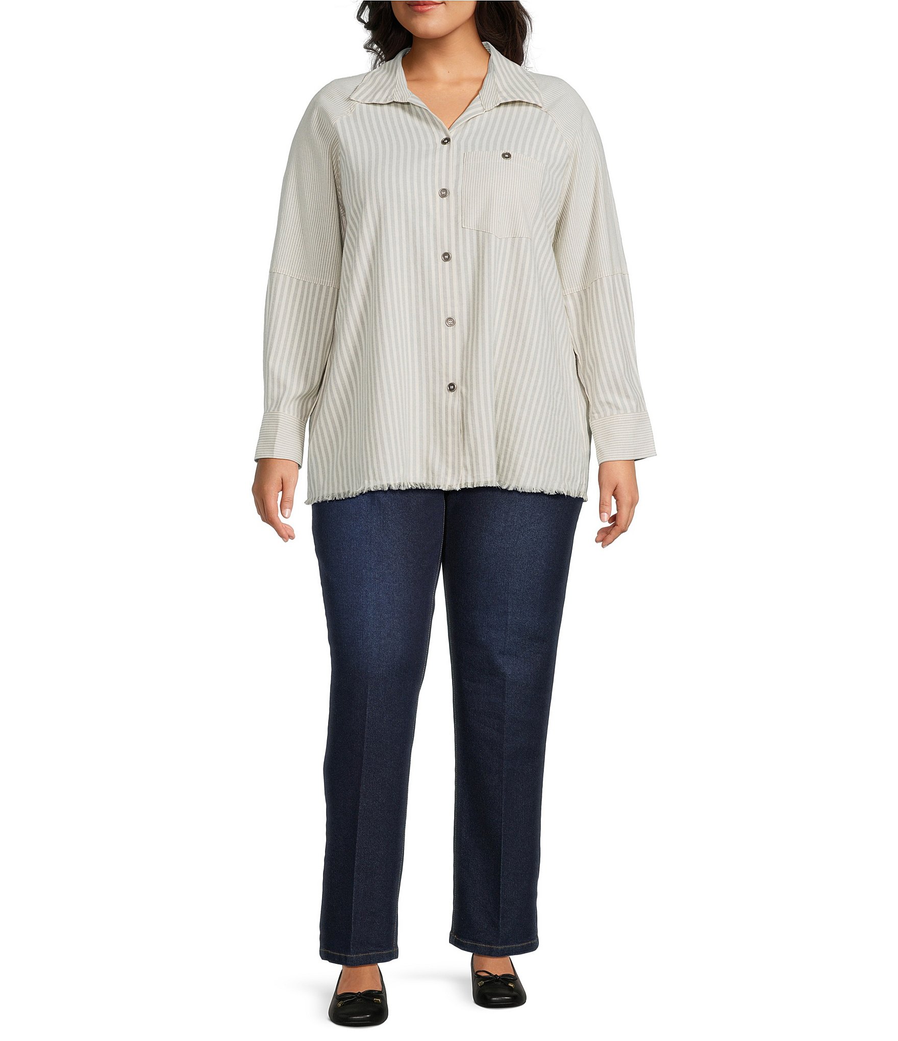 Multiples Plus Yarn Dye Stripe Point Collar Long Sleeve Button Front Flannel Shirt