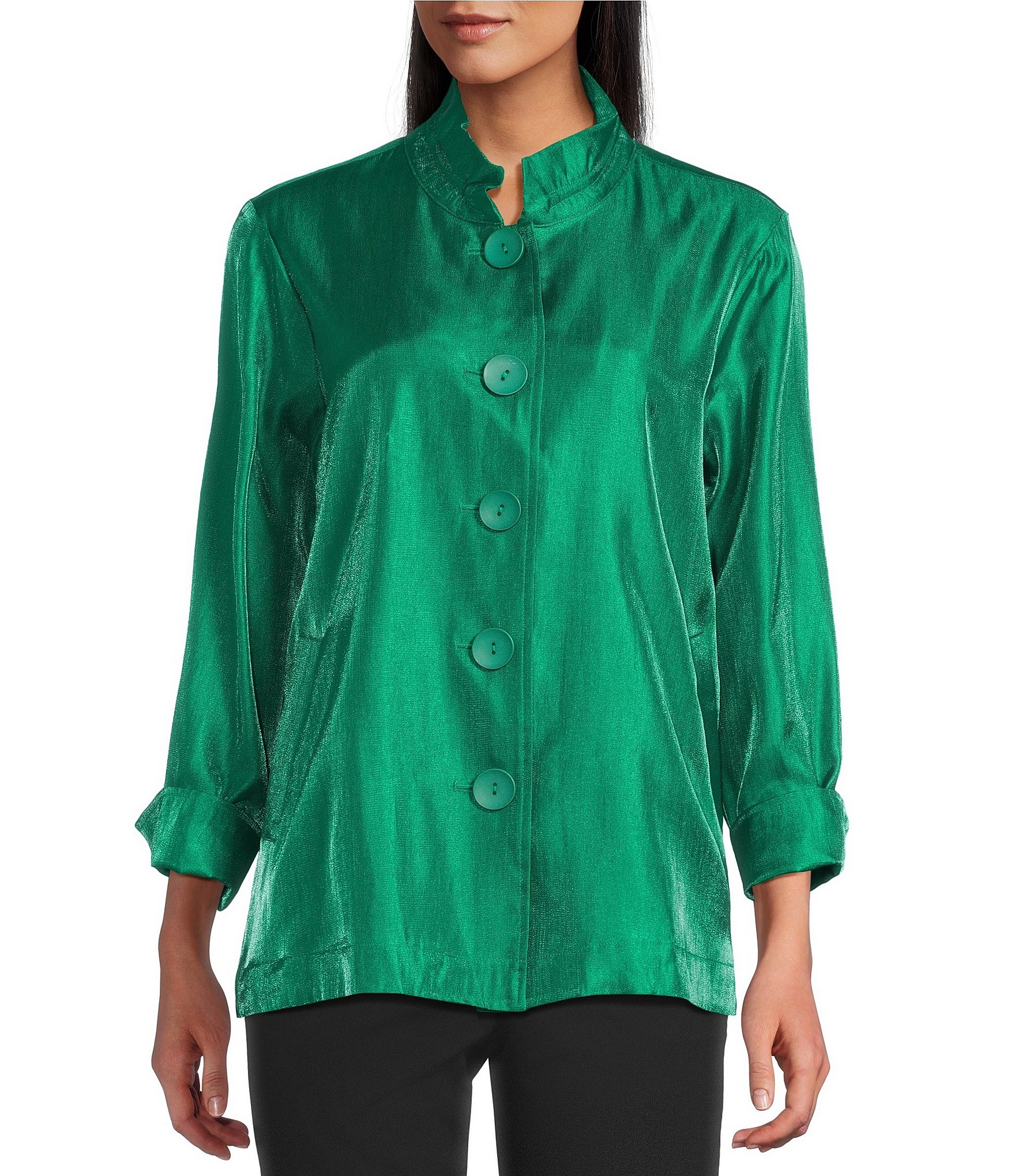 Multiples Shimmer Wire Collar 3/4 Sleeve One Button Turn Up Cuff Fit And Flare Button Front Jacket