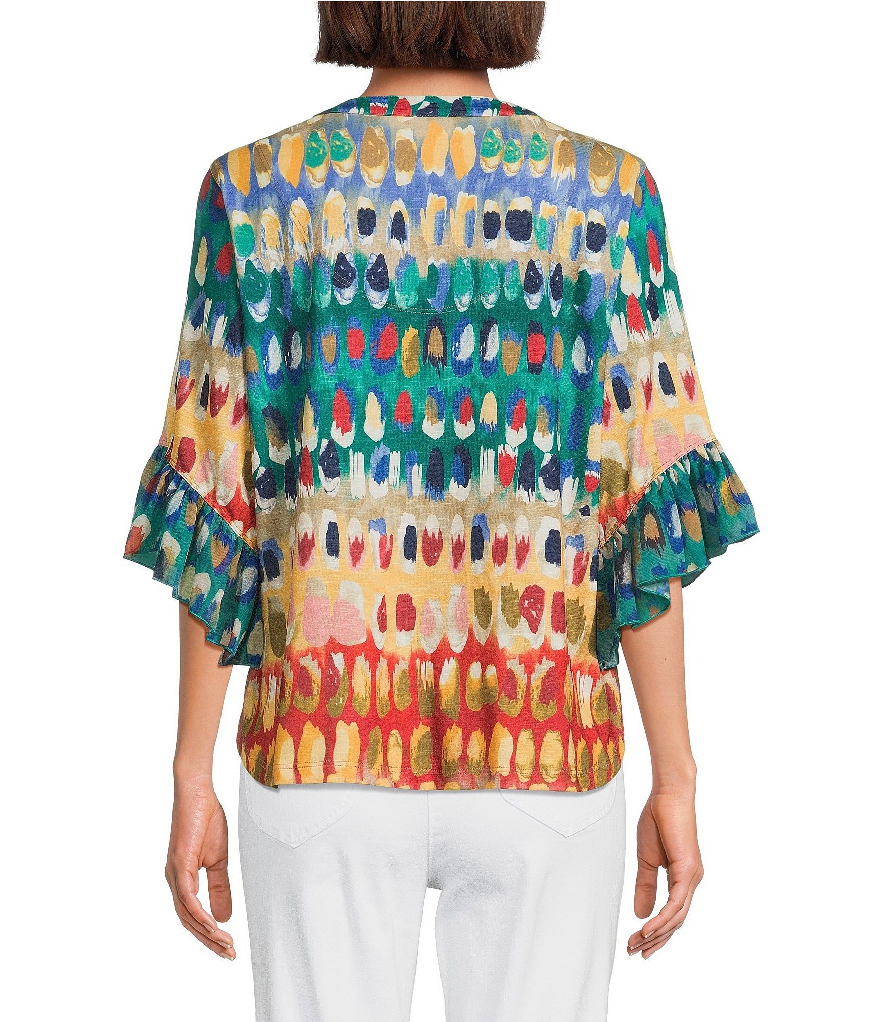 Multiples Slub Knit Multi Print Banded Y-Neck Elbow Flounce Sleeve Top