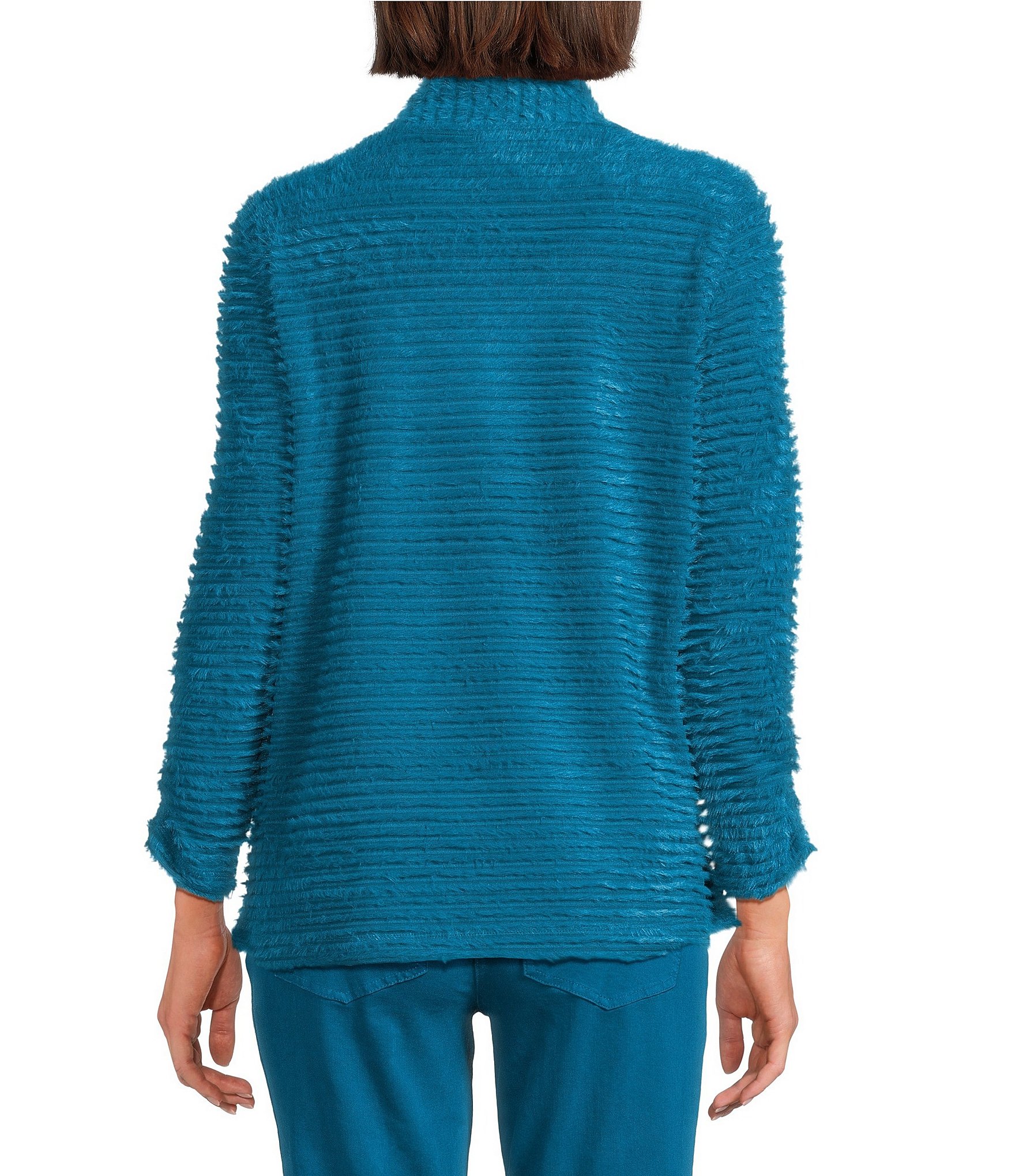 Multiples Soft Textured Striped Plush Rib Knit Wrap Collar 3/4 Bungee Sleeve Top