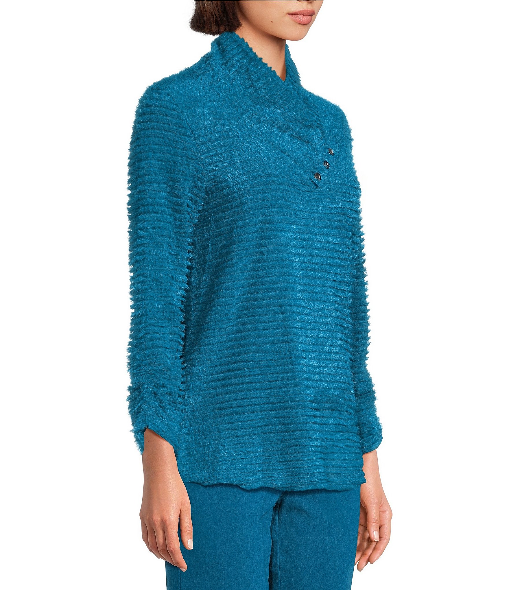 Multiples Soft Textured Striped Plush Rib Knit Wrap Collar 3/4 Bungee Sleeve Top