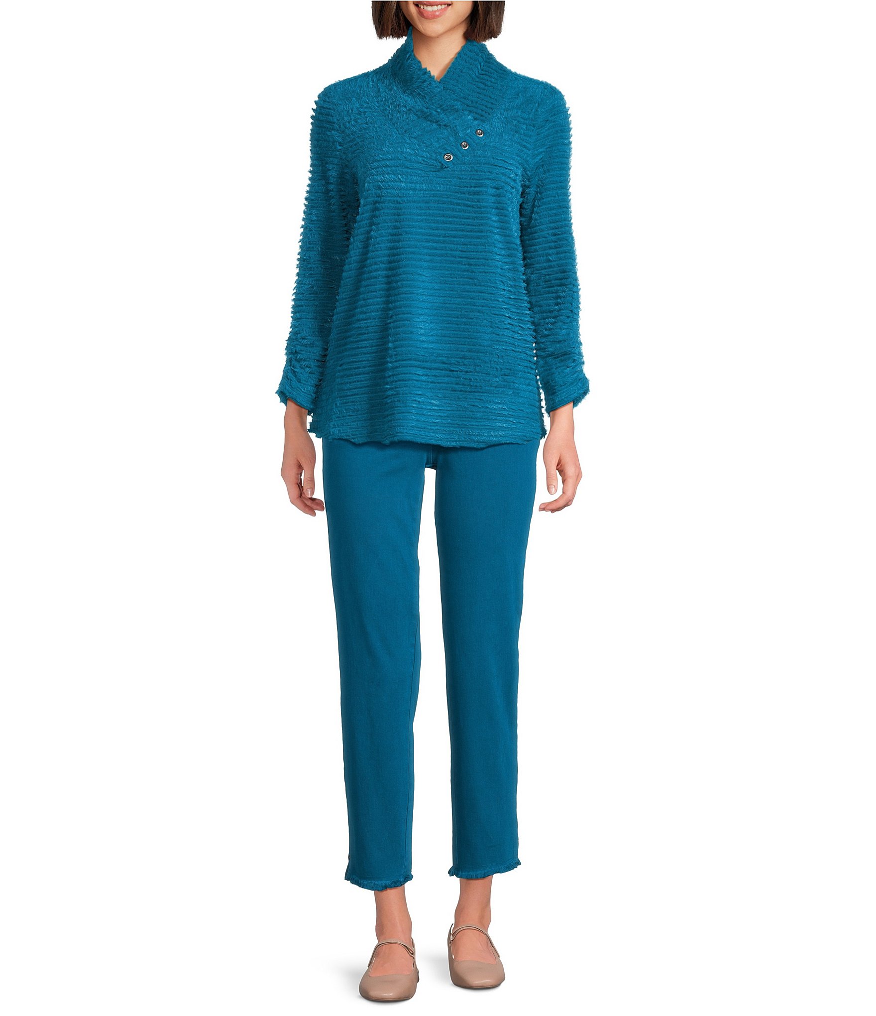 Multiples Soft Textured Striped Plush Rib Knit Wrap Collar 3/4 Bungee Sleeve Top