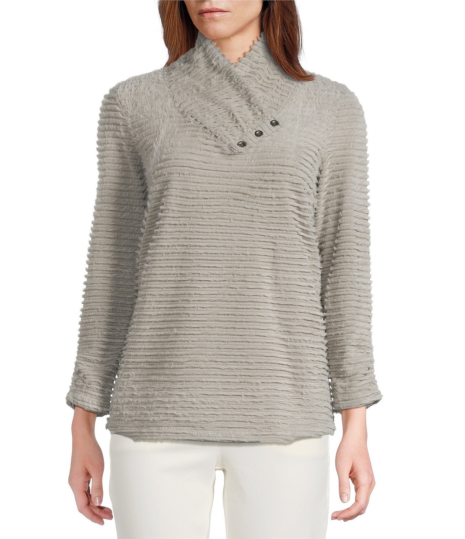 Multiples Soft Textured Striped Plush Rib Knit Wrap Collar 3/4 Bungee Sleeve Top