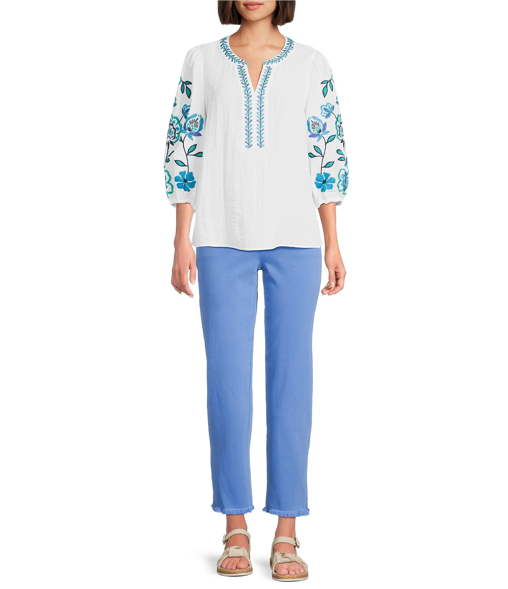 Multiples Solid Garment Dyed Straight Leg Fringe Hem Pull-On Ankle Pants