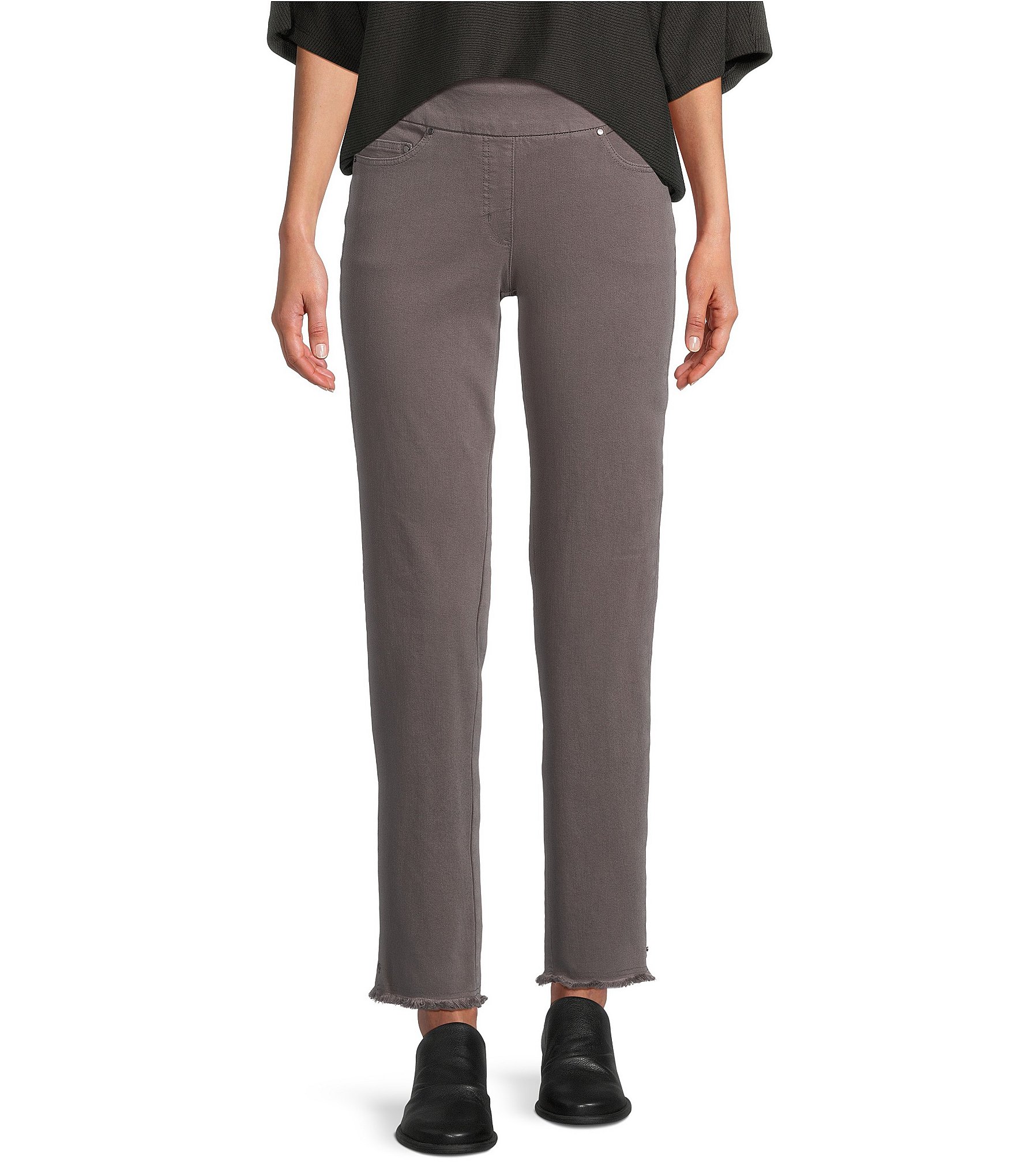 Multiples Solid Garment Dyed Straight Leg Fringe Hem Pull-On Ankle Pants