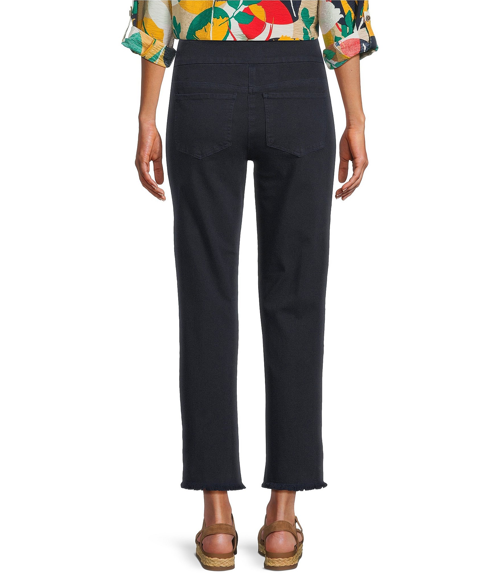 Multiples Solid Garment Dyed Straight Leg Fringe Hem Pull-On Ankle Pants