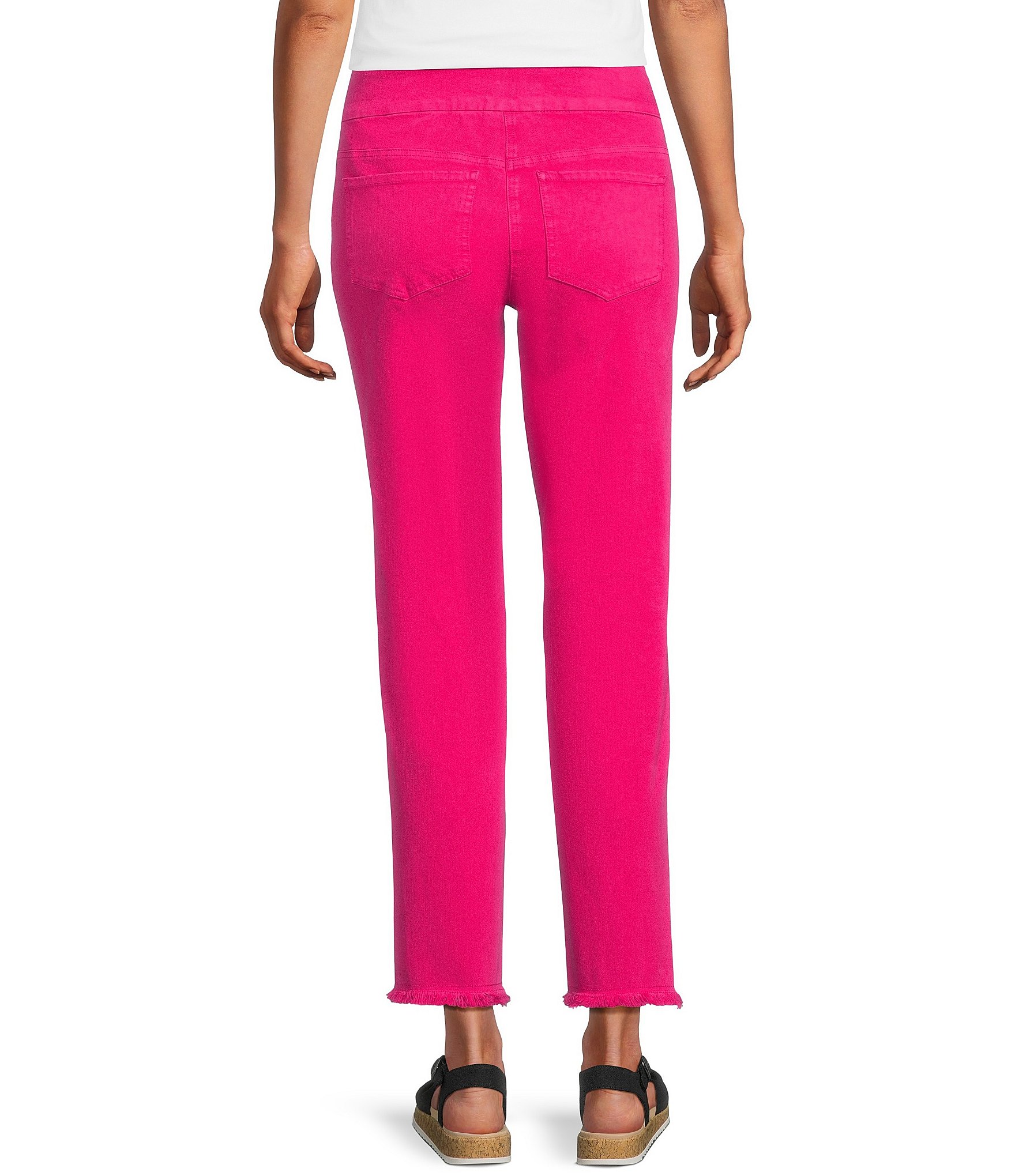 Multiples Solid Garment Dyed Straight Leg Fringe Hem Pull-On Ankle Pants