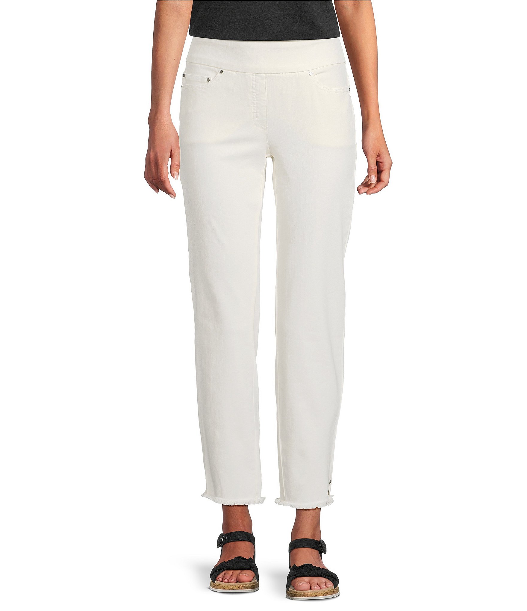 Multiples Solid Garment Dyed Straight Leg Fringe Hem Pull-On Ankle Pants